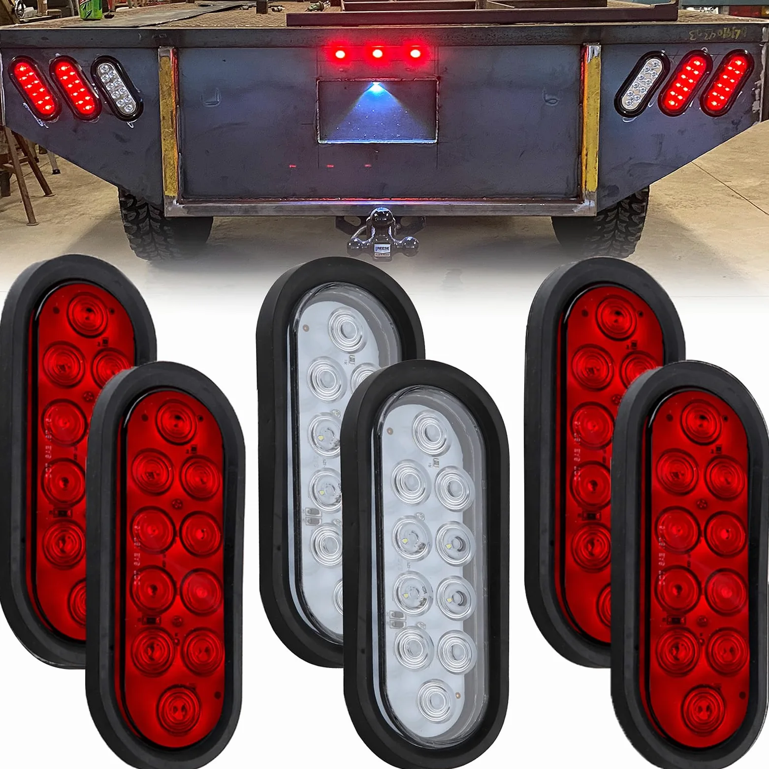 6 luces traseras LED ovaladas de 6 pulgadas, 10 LED, 4 rojas y 2 blancas de 6 pulgadas, luces traseras ovaladas de freno y marcha atrás, luces de remolque con ojales de montaje empotrado,