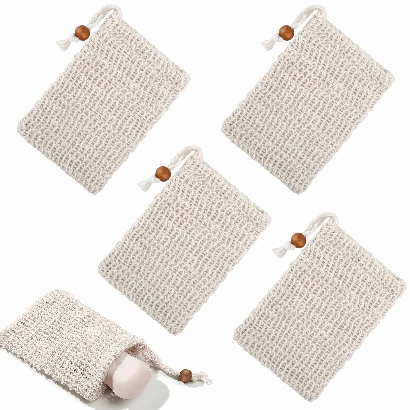 Bolsas de jabón de sisal natural orgánico, duraderas y seguras para jabón sólido con cordón