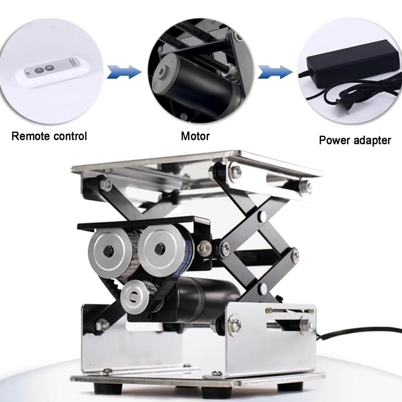Plataforma elevadora eléctrica de laboratorio, mesa ajustable de acero inoxidable, rango de altura de 10-29 cm, soporte de elevación de control remoto, capacidad de carga de 10 kg (20 x 20 cm)