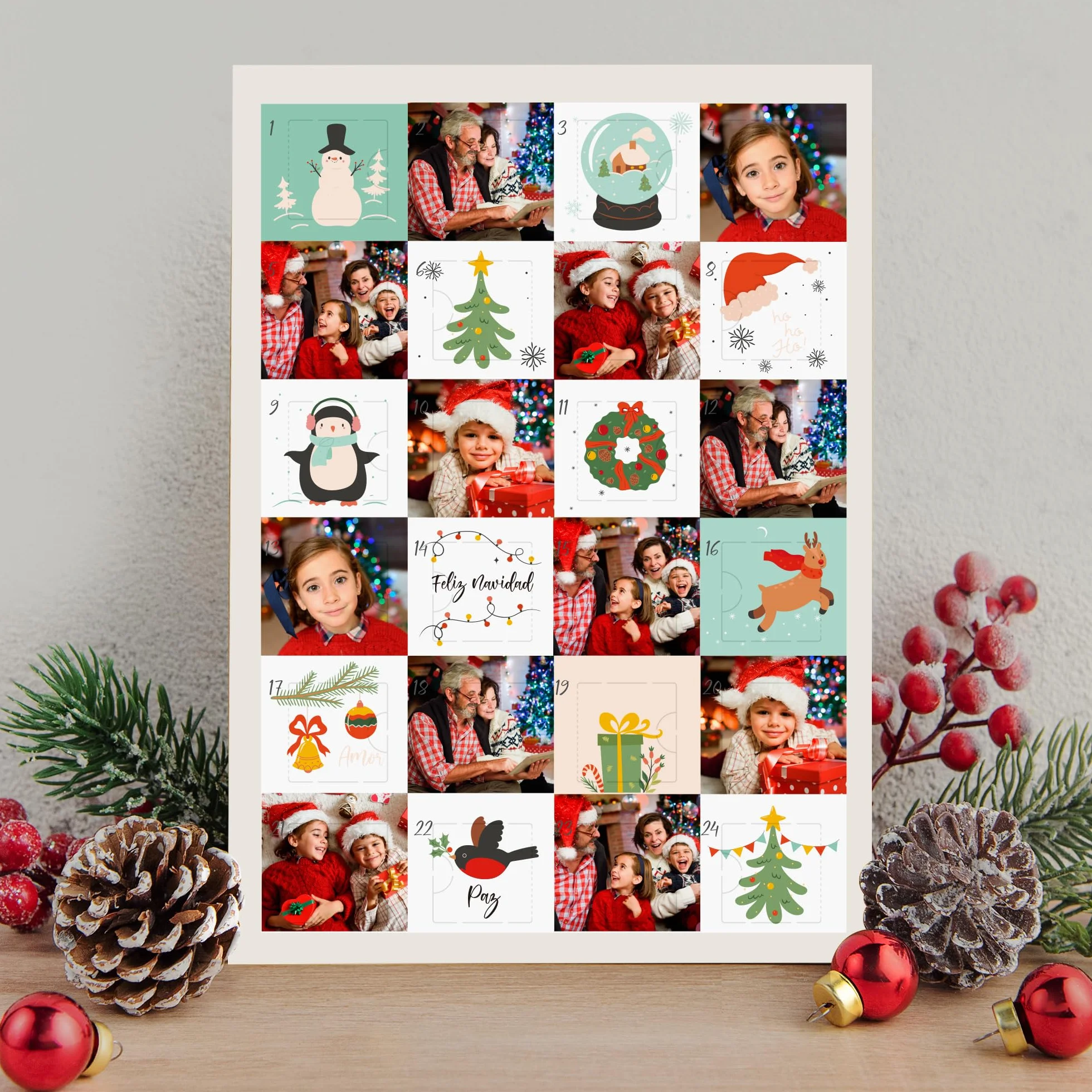 Calendario de Adviento Personalizado con Fotos, Relleno de Chocolate Sorpresa, Decoración Navideña