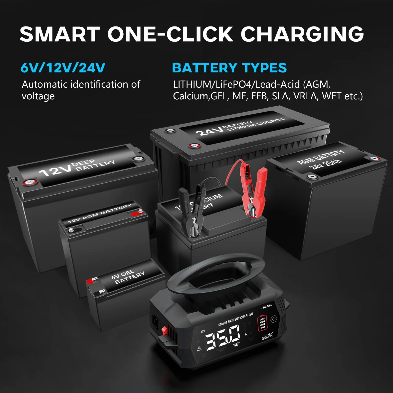 Haisito C35A - Cargador de batería de coche de 6 V/12 V/24 V para coche, moto, cortacésped, barco, litio, LiFePO4 y ácido de plomo (AGM, gel, MF, EFB, SLA, VRLA.