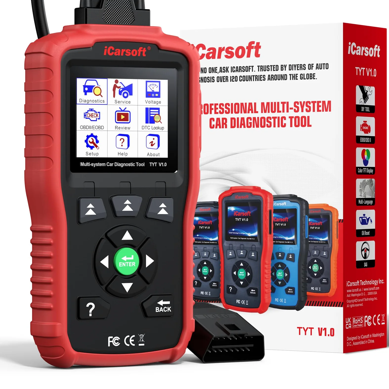 iCarsoft TYT V1.0 OBD2 Máquina Diagnosis Coche para Toyota/Corolla/Nissan/Honda/Hyundai/Kia, Escáner de Todo el Sistema, Reinicio de Aceite, Calibración SAS, Prueba de Batería, Actualización por Vida