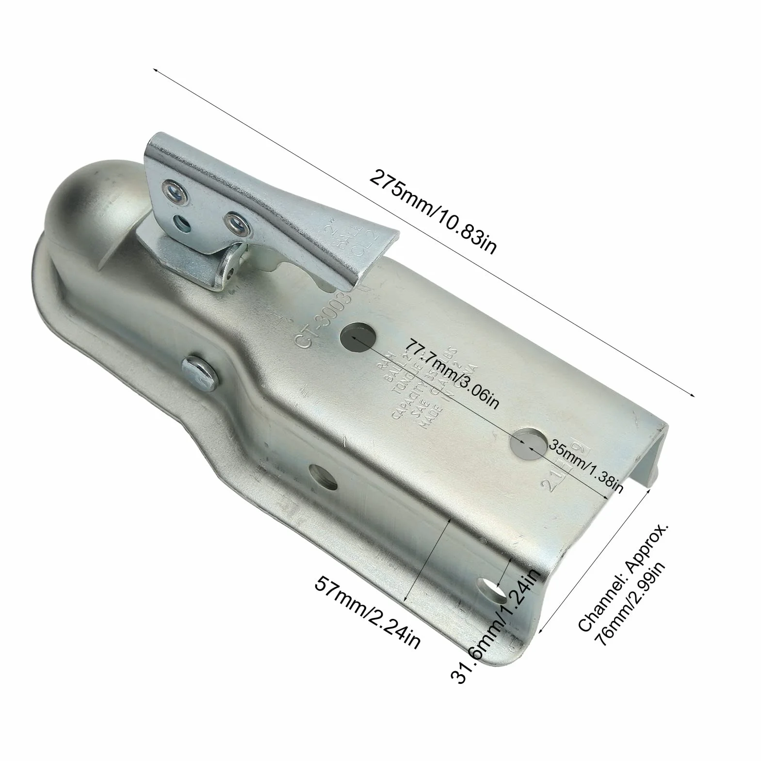 Acoplador de Bola de Enganche de Remolque， Acoplador de Remolque de Lengüeta Recta Bola de Enganche de 50 Mm Canal de 75 Mm Capacidad de Carga 3500 para Tubo Cuadrado de 75 Mm