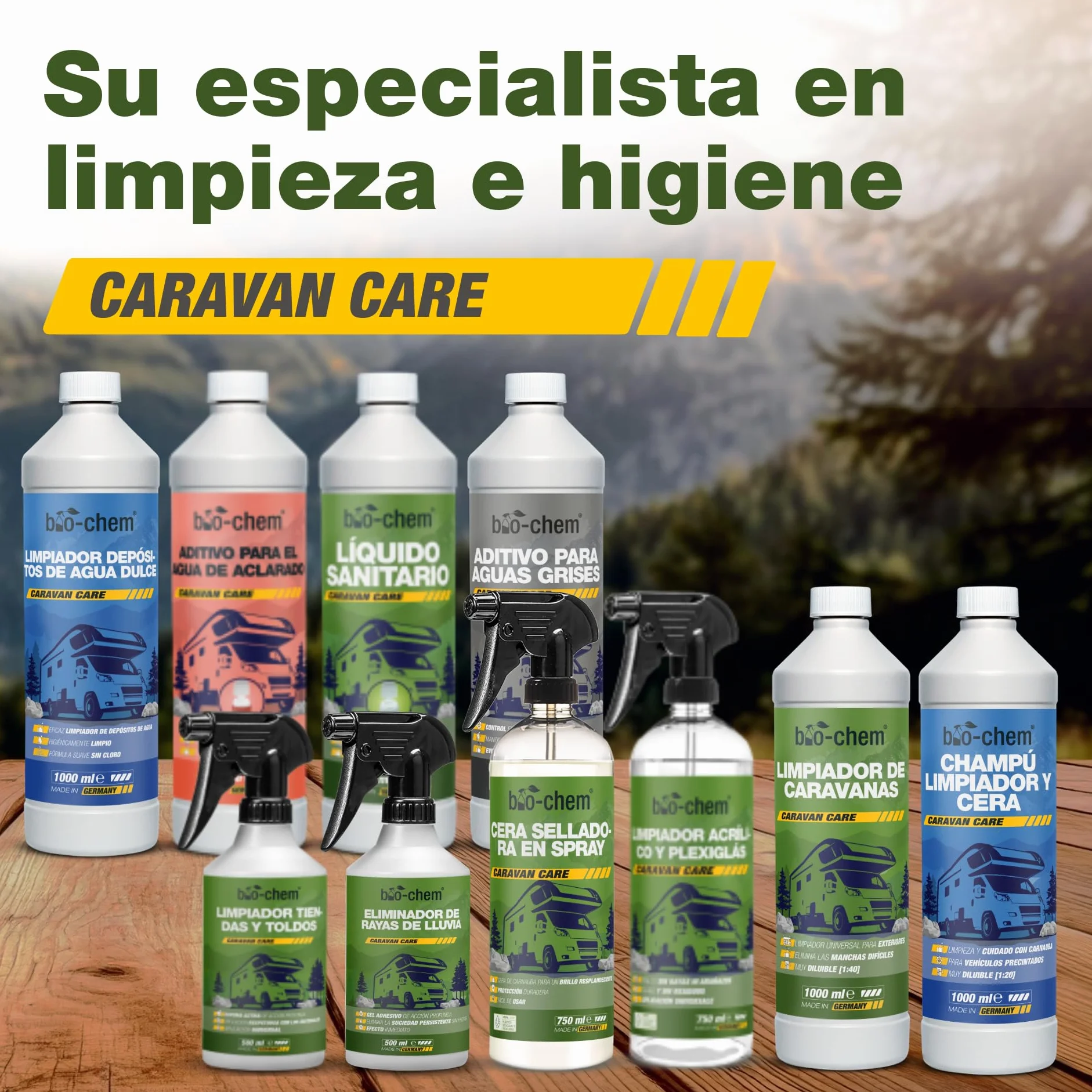 Bio-Chem - Quitamanchas de Lluvia 500ml + manopla microfibras para Parabrisas y Lunas de autocaravanas, caravanas y Coches - Producto Ideal para Lunas Durante Sus Vacaciones en Autocaravana