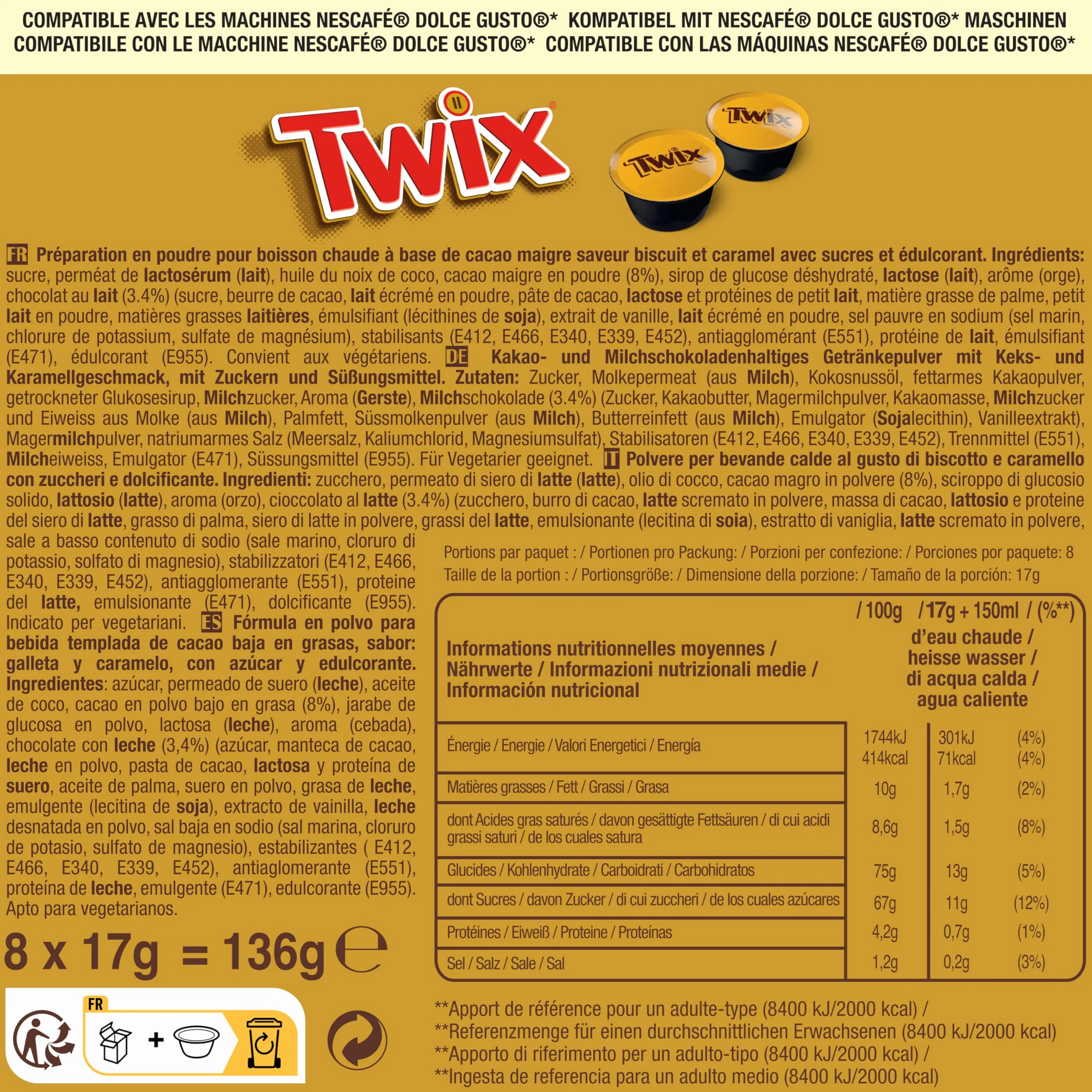 Cápsulas de Chocolate Caliente Compatibles Dolce Gusto Mars Twix Milkyway 24 Unidades