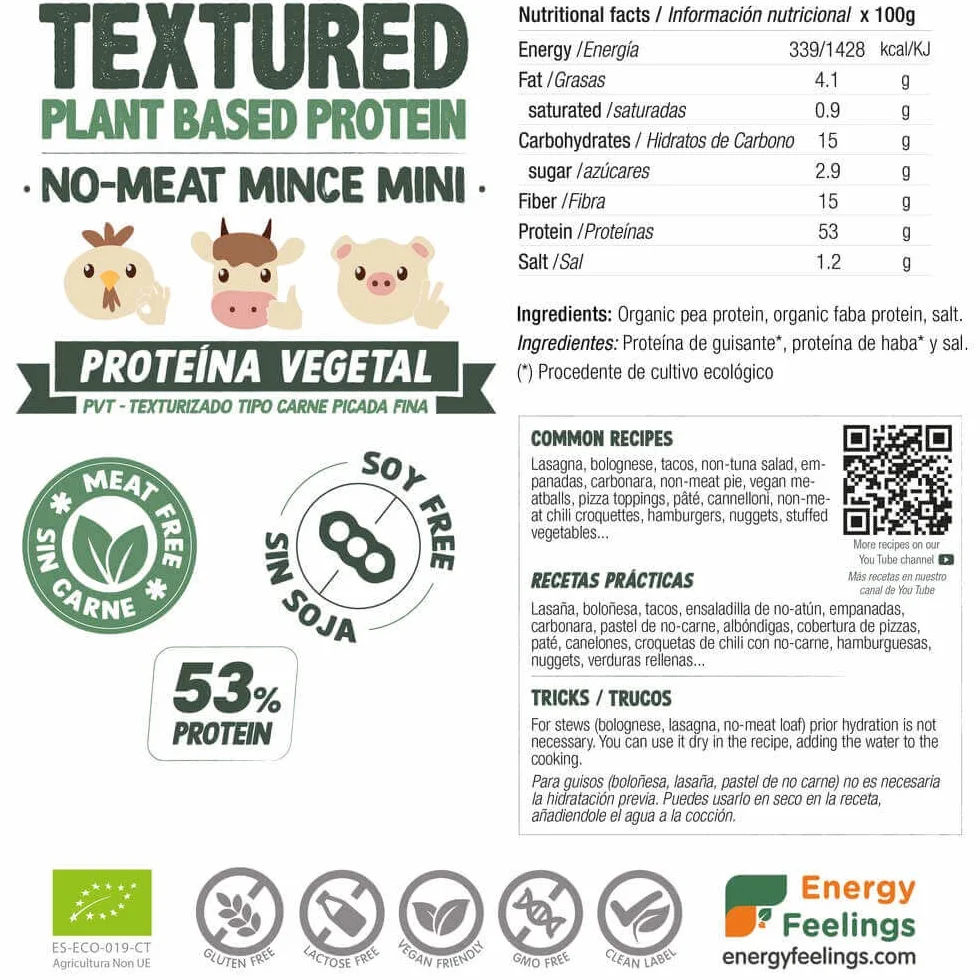 Proteína de Guisante Texturizada Tipo Carne Picada Fina 400g Vegana Ecológica 53% Proteína Sin Gluten