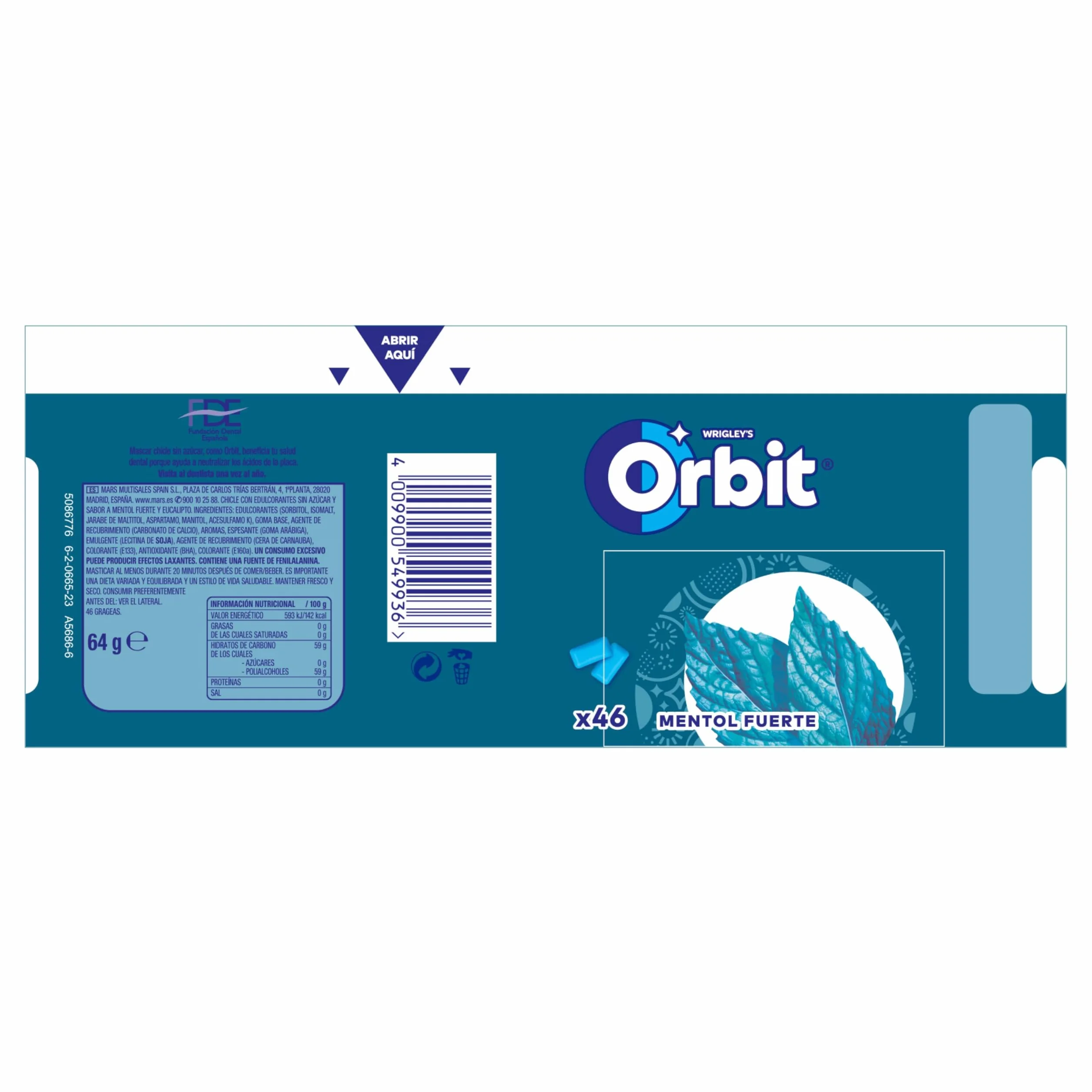 Orbit Bote de Chicles Sin Azúcar Sabor Mentol Fuerte, Intenso y de Larga Duración (6 x 46 chicles)