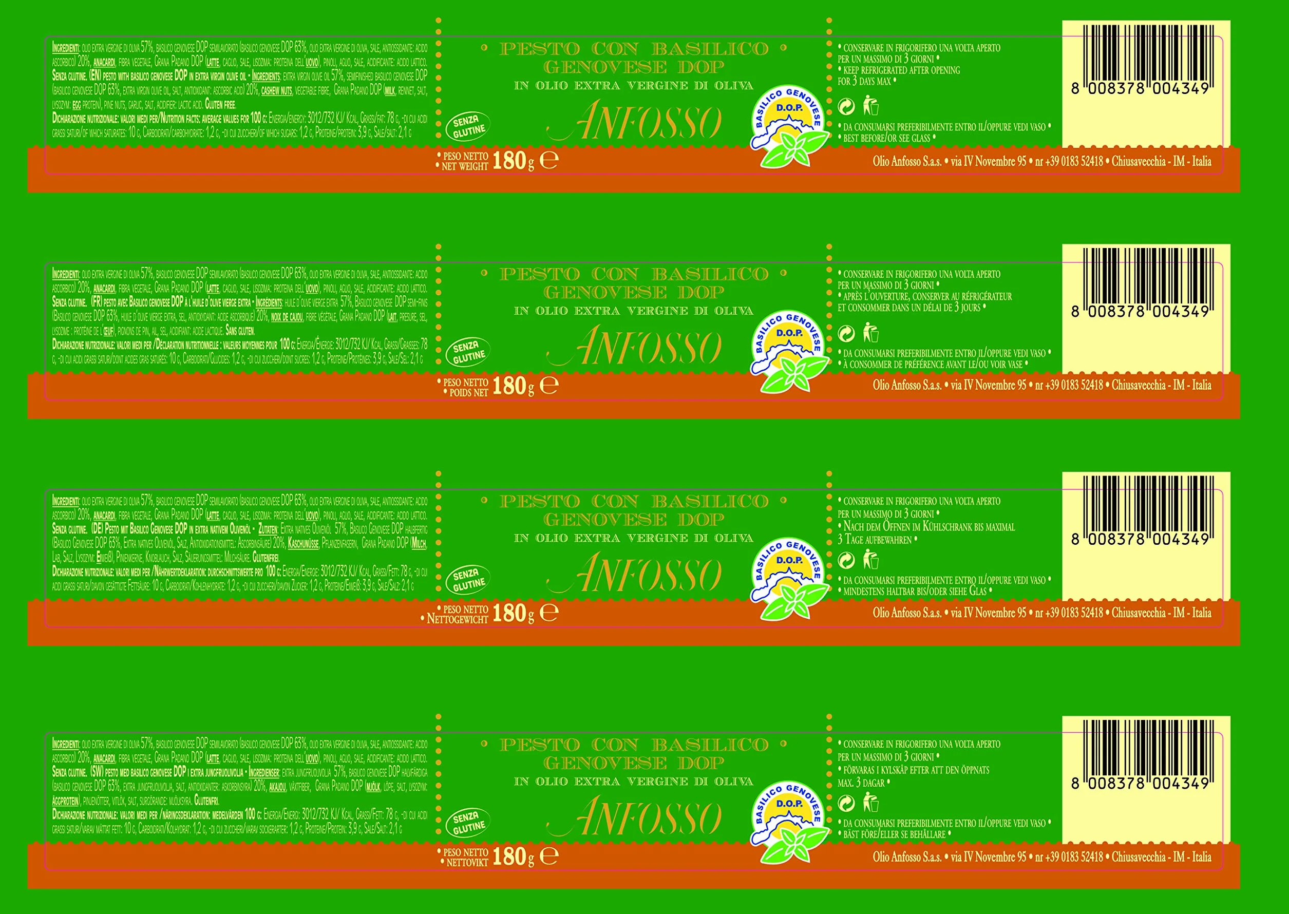 Pesto Con Albahaca Basilico Genoves Dop Aceite De Oliva Virgen Extra 180 Gr