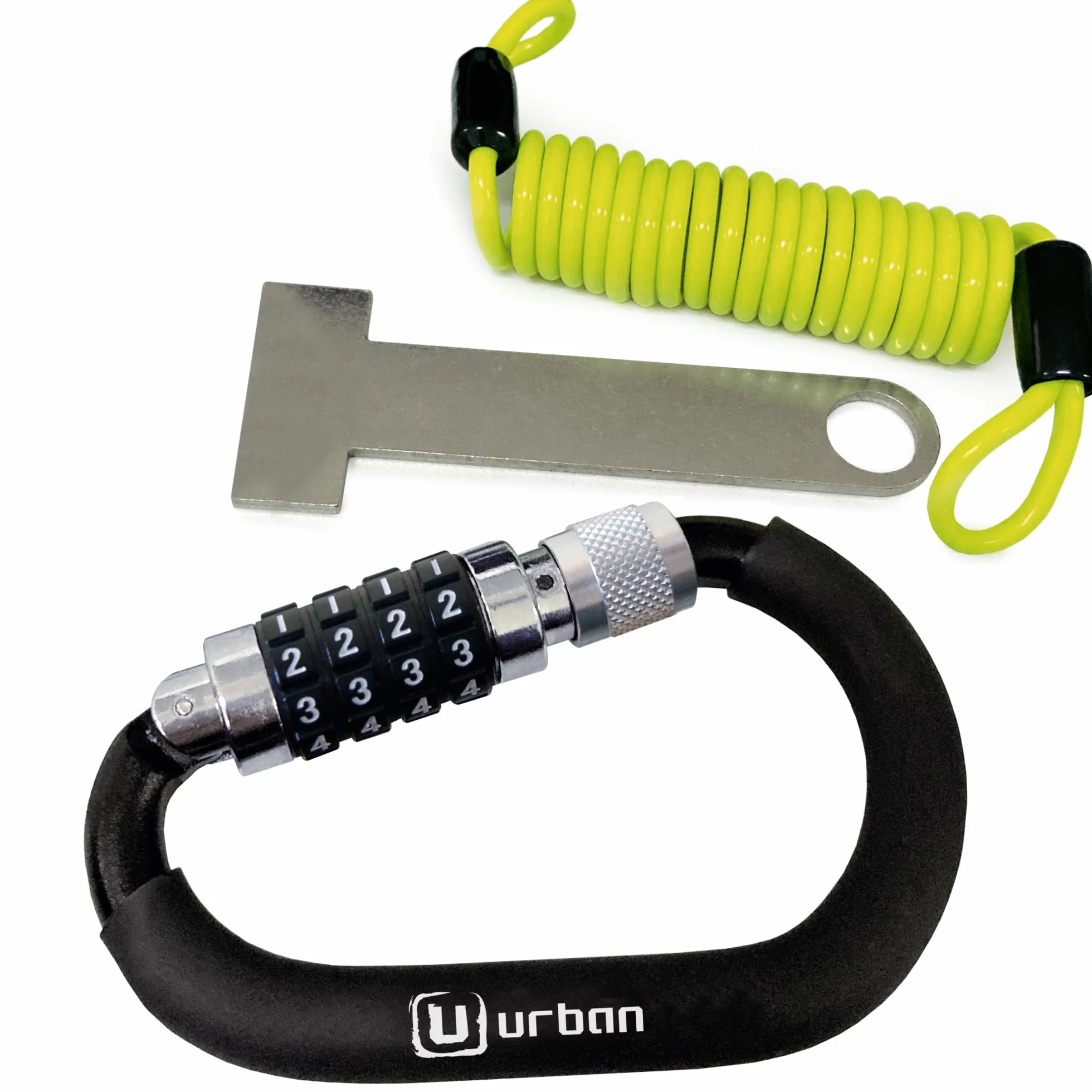 URBAN UR140 Candado Casco Moto, Mosqueton con Código 4 Digitos Más Seguro, Adaptador T Hebilla, Cable Seguridad Acero Trenzado Más Visible, Accesorio Antirrobo Universal para Casco Moto Bicicleta
