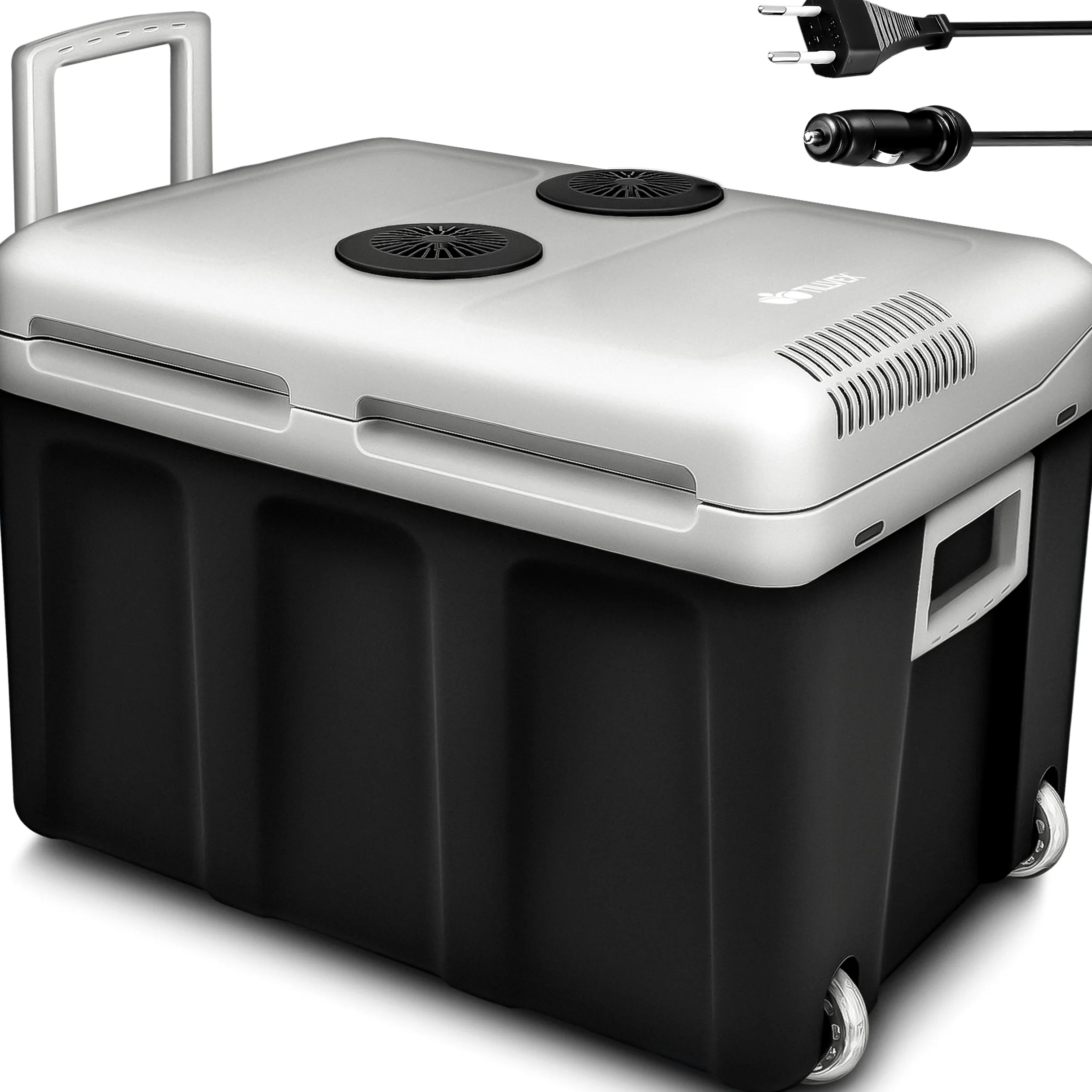 tillvex Nevera portátil eléctrica de 40 litros con ruedas | Mini nevera portátil de 230 V y 12 V para vehículos coches camping | Enfría y calienta | Modo ecológico (Antracita)