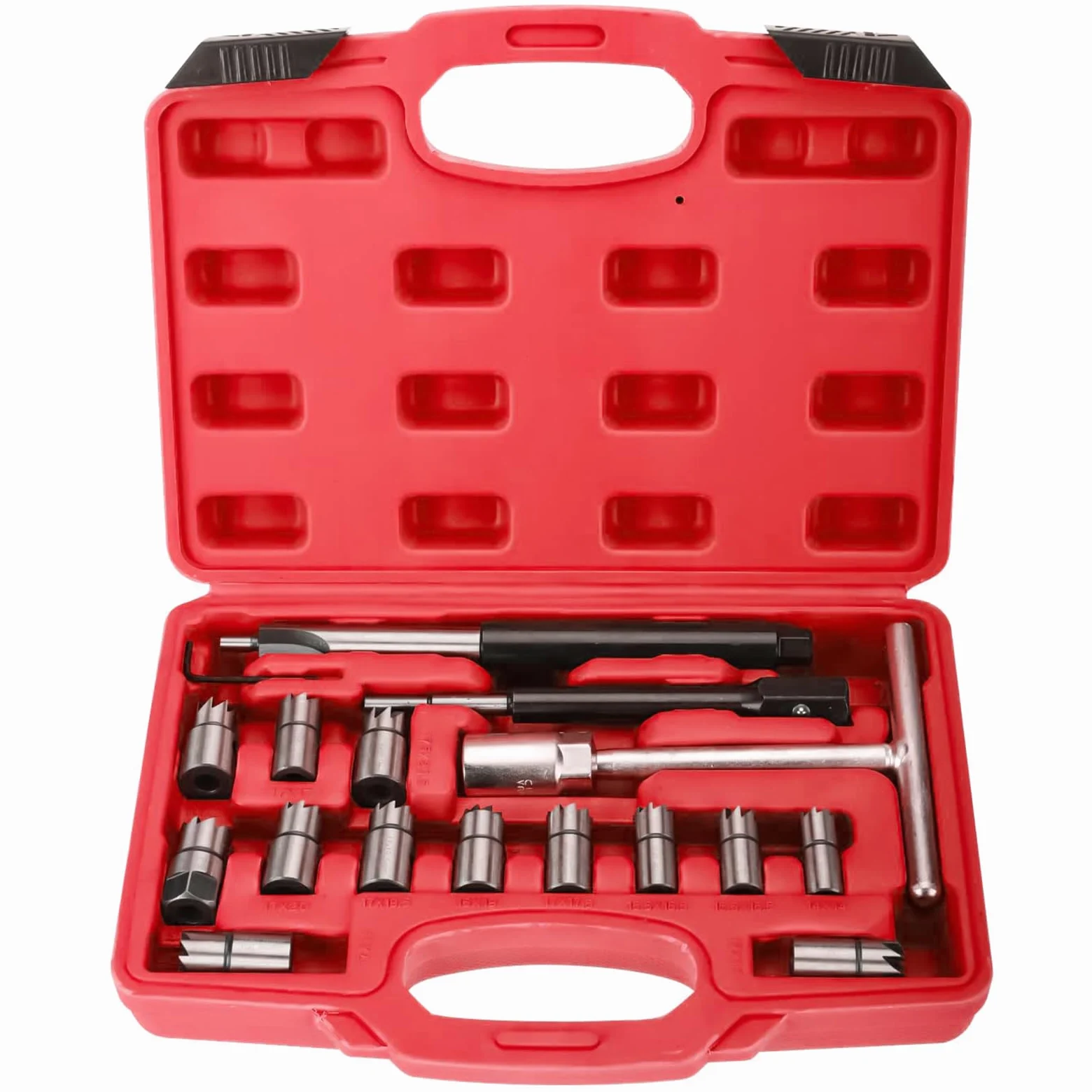FreeTec 17 pzas Escariador de Inyectores, 14-21,5 mm Escariador de Asiento de Inyector Diesel, Profesional Escariadores Asiento Inyectores Kit Limpieza y Fresado Compatible con VW Audi BMW