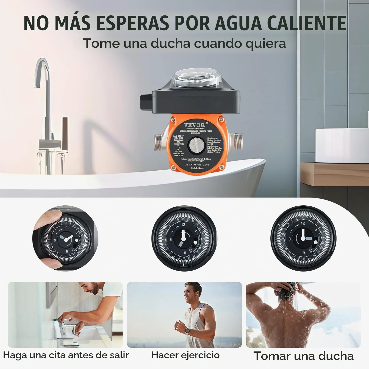 VEVOR Bomba de Circulación de Agua Caliente 100 W Bomba de Presión Circulador Auto Silenciador Acero Inoxidable Entrada Salida DN20 Adaptador DN15 para Sistema de Calentador de Agua Grifo de Ducha