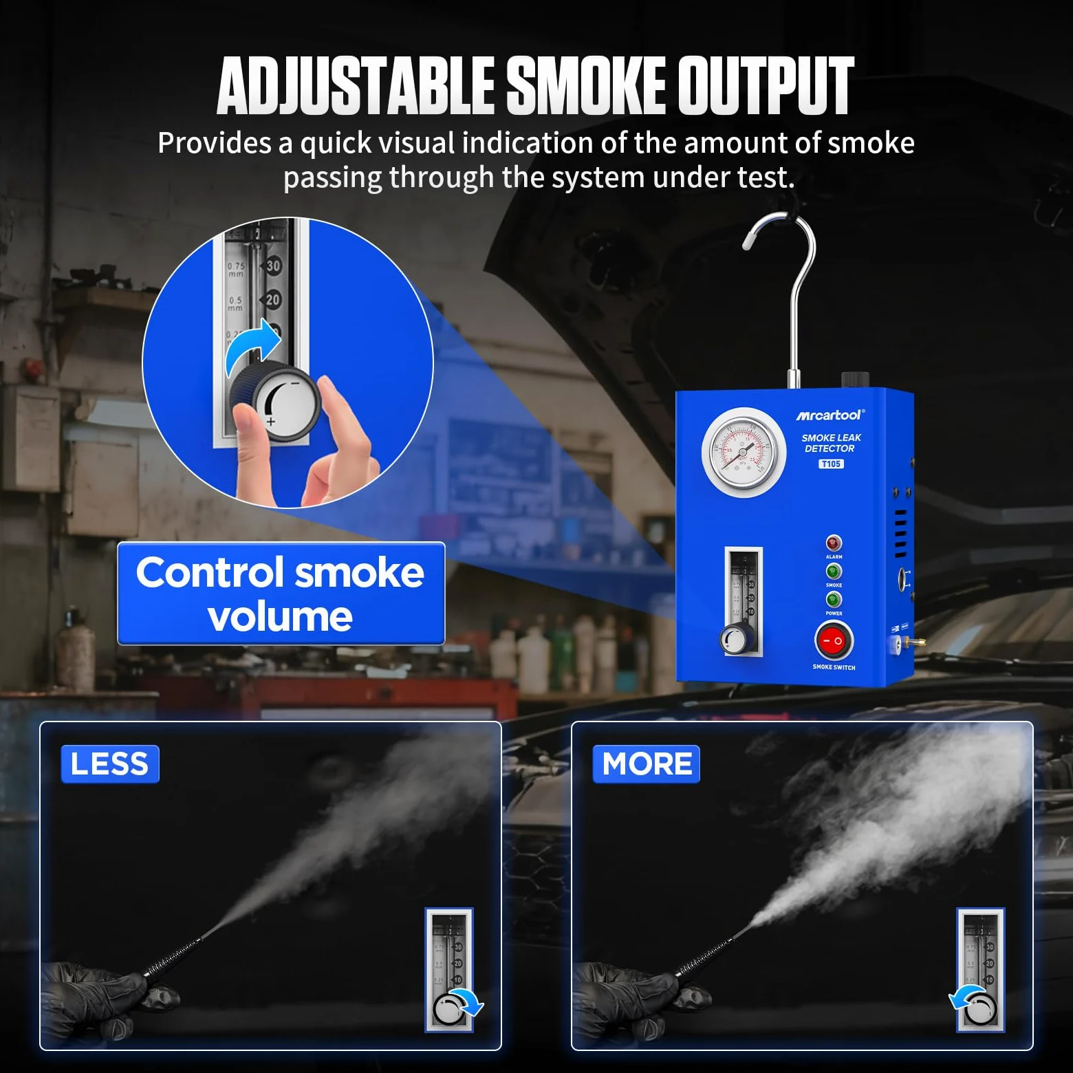 T105 Maquina Humo Coche EVAP Maquina de Humo para Detectar Fugas Con Bomba de Aire & Manómetro Tamaño de Humo Ajustable Apto Detectador de Fugas de Humo para todos los Coches, Motos y Camiones