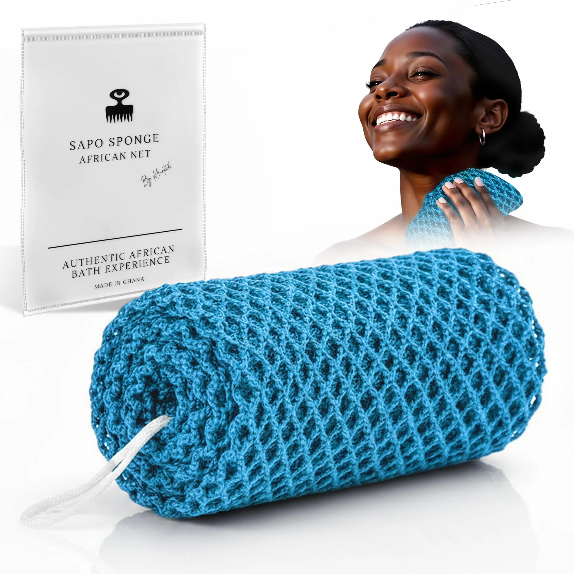 Esponja Africana Auténtica Ghana Exfoliante Corporal Ducha Baño con Cordón Red Malla Larga para Cuerpo y Espalda Piel Suave Azul