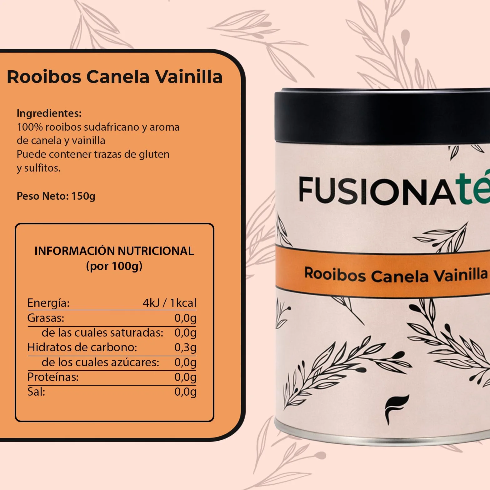 FUSIONATE Rooibos Canela y Vainilla 150g Infusión Sin Cafeína Premium