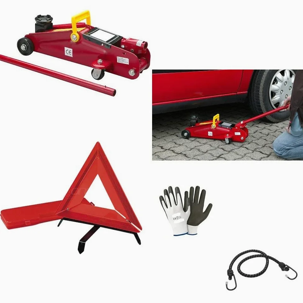 Compatible con DE Tomaso Gato HIDRÁULICO con Carro TRIÁNGULO DE Emergencia Fluorescente + Kit SUMINISTRADO Maleta para Asistencia EN Carretera APROBADA por Coche
