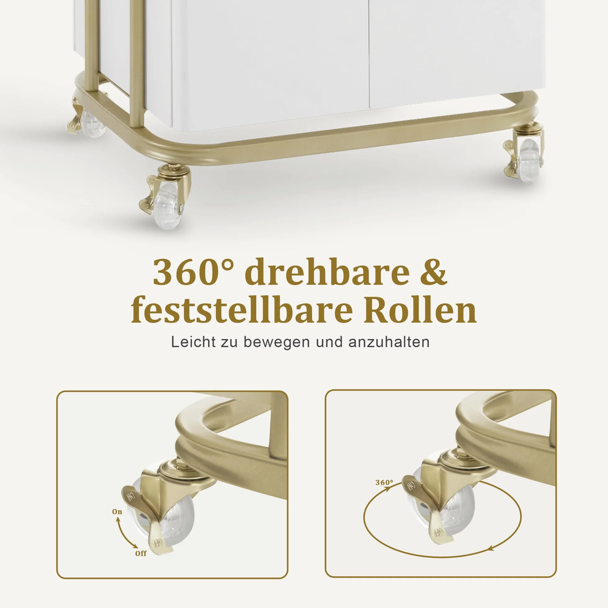 MCombo Carro de servicio con ruedas y cajón, carrito de peluquería blanco y dorado 36x50x87 cm