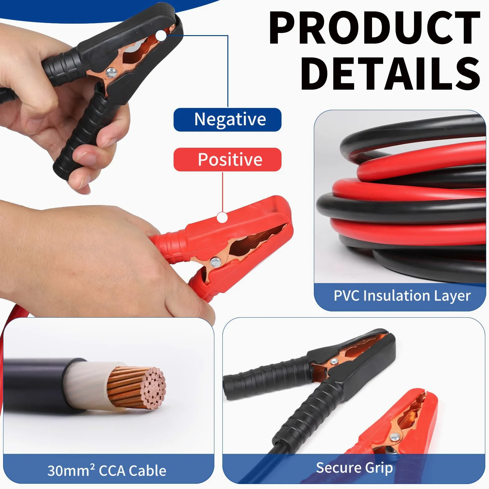 SWAWIS Pinzas Bateria Coche 4m 30mm² 1500A 12 V/24 V Pinzas Coche Cables de Puente para Baterías de Camiones Automóviles y Motocicletas con Bolsa de Almacenamiento