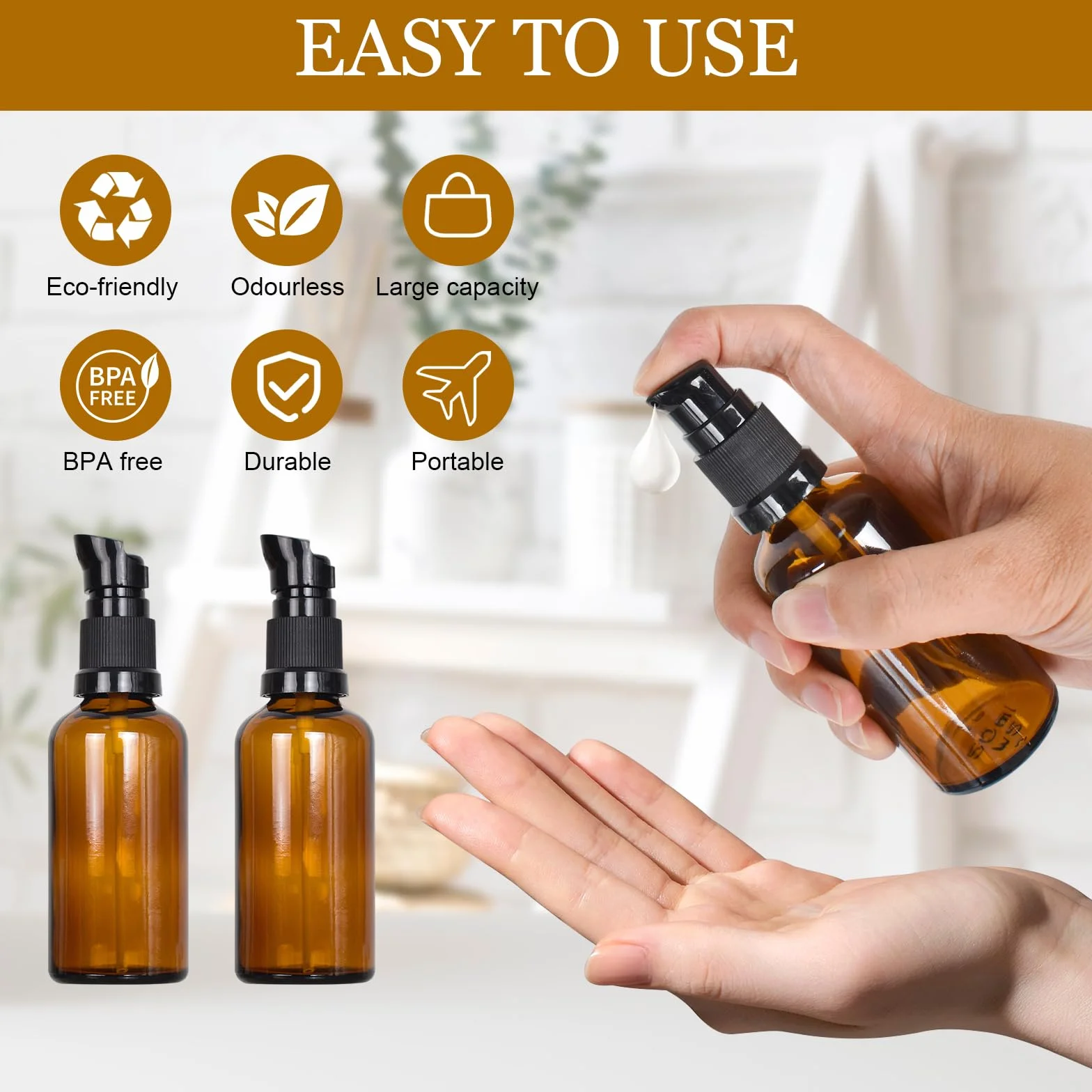 Botellas de Vidrio Marrón 50ml, Botellas de Loción de Vidrio Ámbar Rellenables con Etiqueta, Dispensador para Aceite Esencial