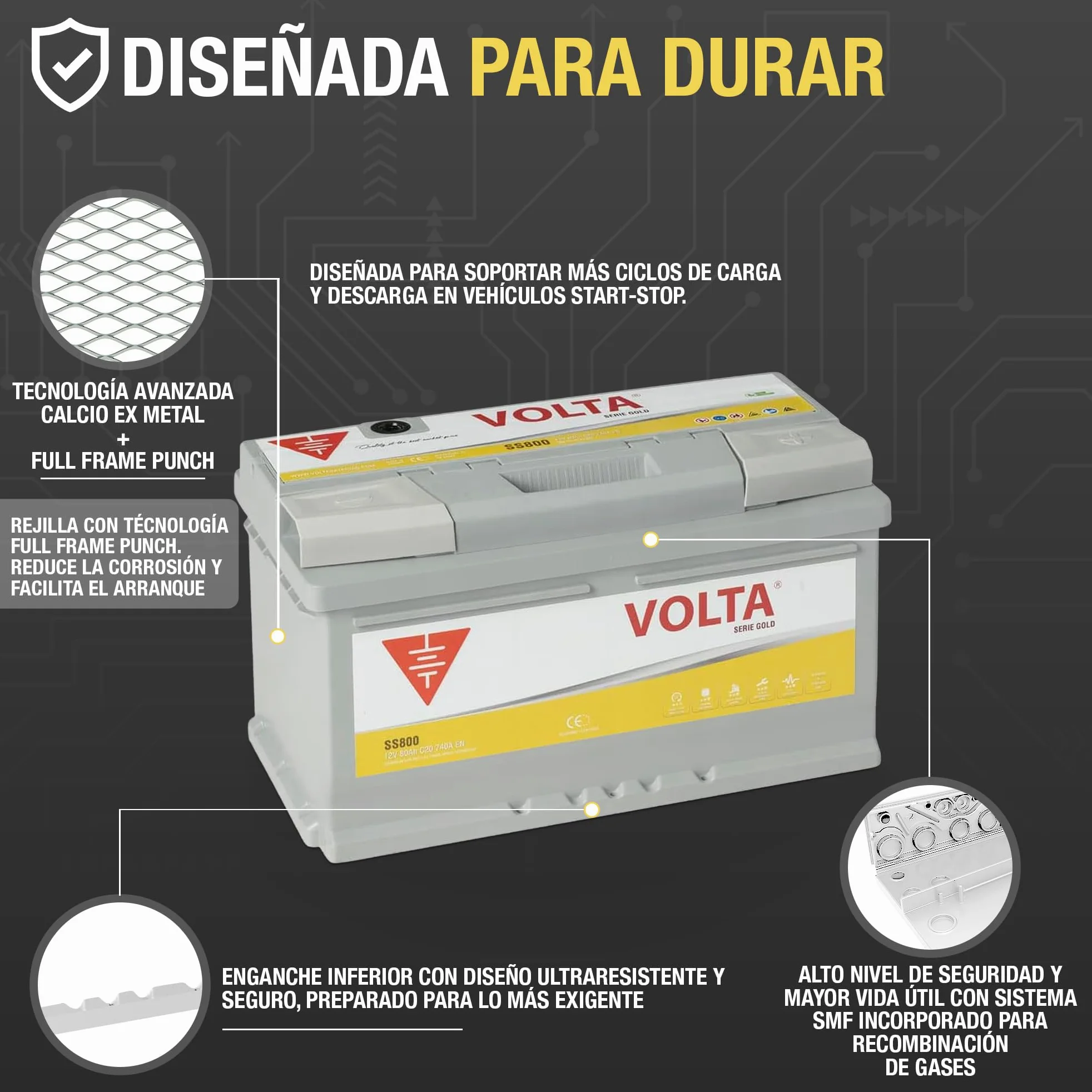 Bateria de Coche Gold 80Ah 740A Volta SS800D - Start Stop - Borne +Dcha - Medidas Largo 315 x Ancho 175 x Alto 175 mm con 2 años de Garantía - Fabricación Europea.