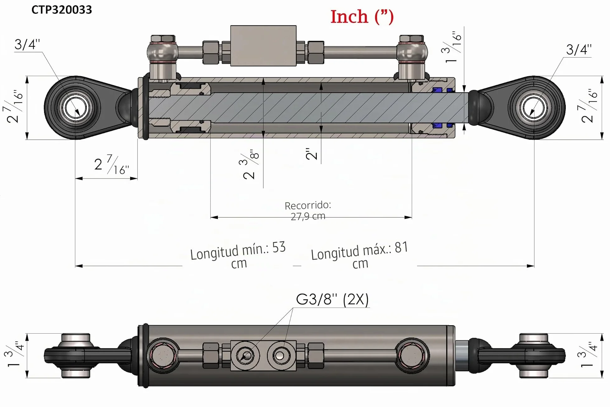 Tercer Punto Hidráulico Cat 1-1 (530 - 810 mm) con Bloque de Bloqueo y 2 Mangueras