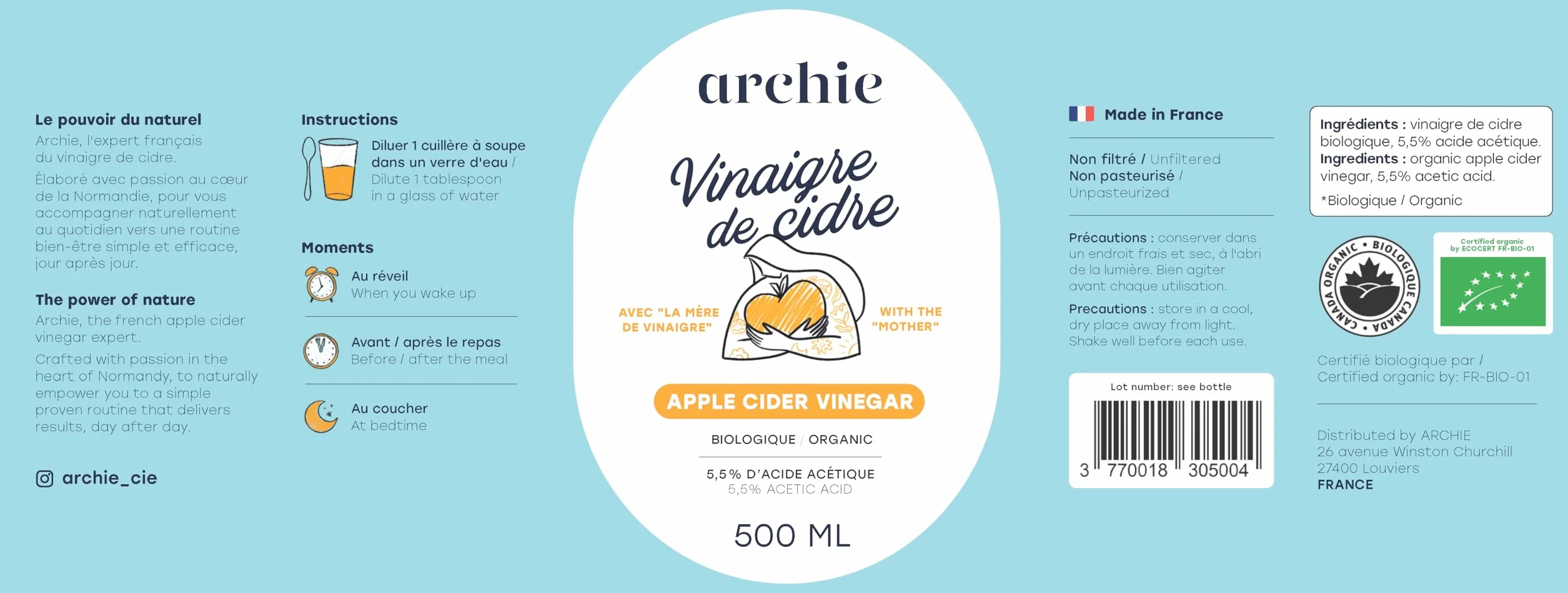 Archie vinagre de sidra de manzana orgánico 1 mes