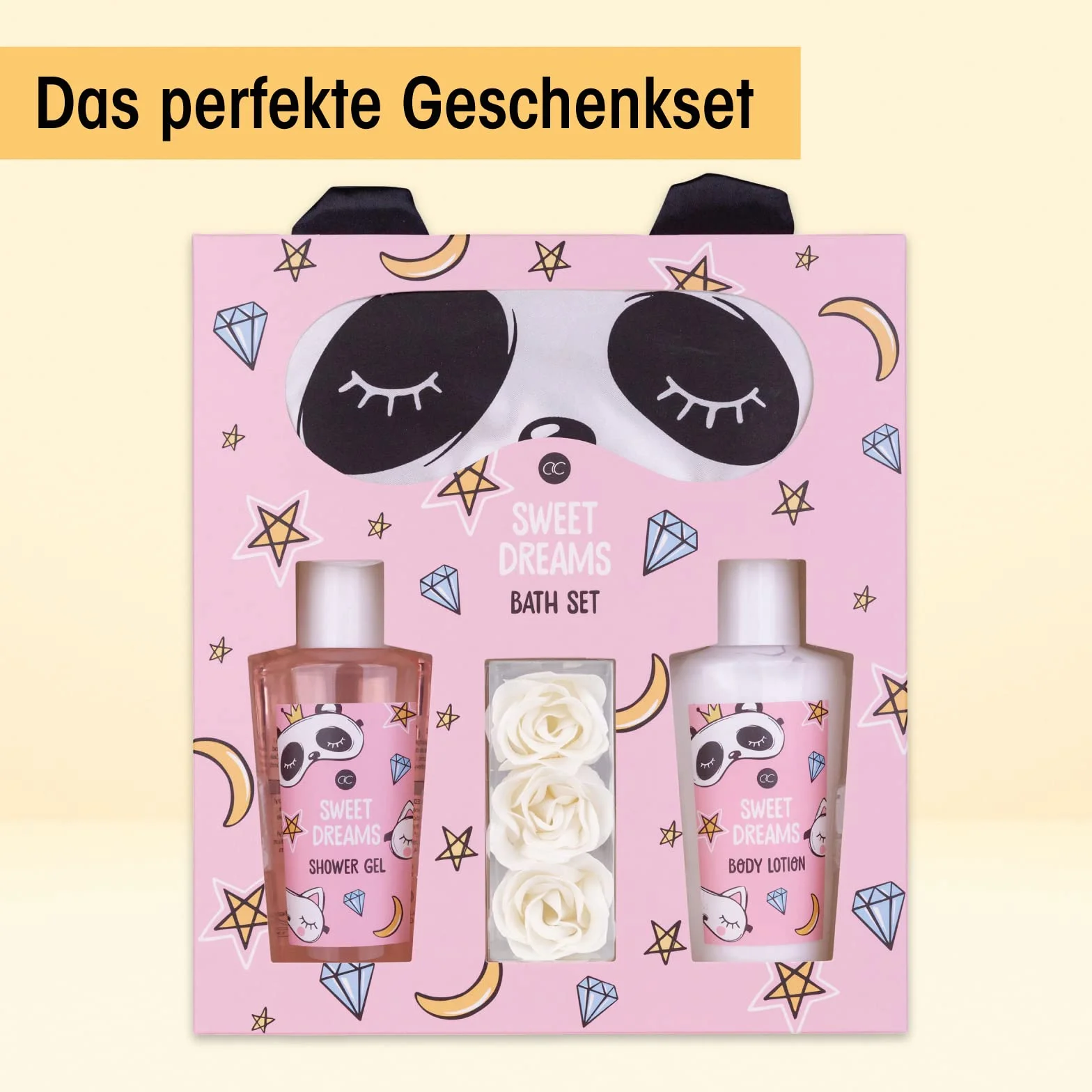 Set de regalo para mujer Sweet Dreams de Accentra - Antifaz de panda, gel de ducha, loción corporal y confeti de baño de rosas