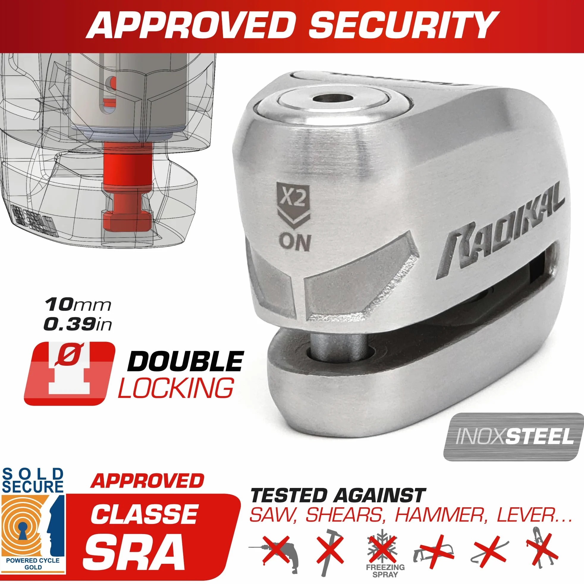 RADIKAL RK910S Candado Moto Disco Alarma X2-ON, Homologado Sra, Cerradura Alta Seguridad Antitaladro y Antiganzúa, Doble Cierre 10mm, Pila Larga Duración, Acero Inoxidable, Pinza Antirrobo Scooter