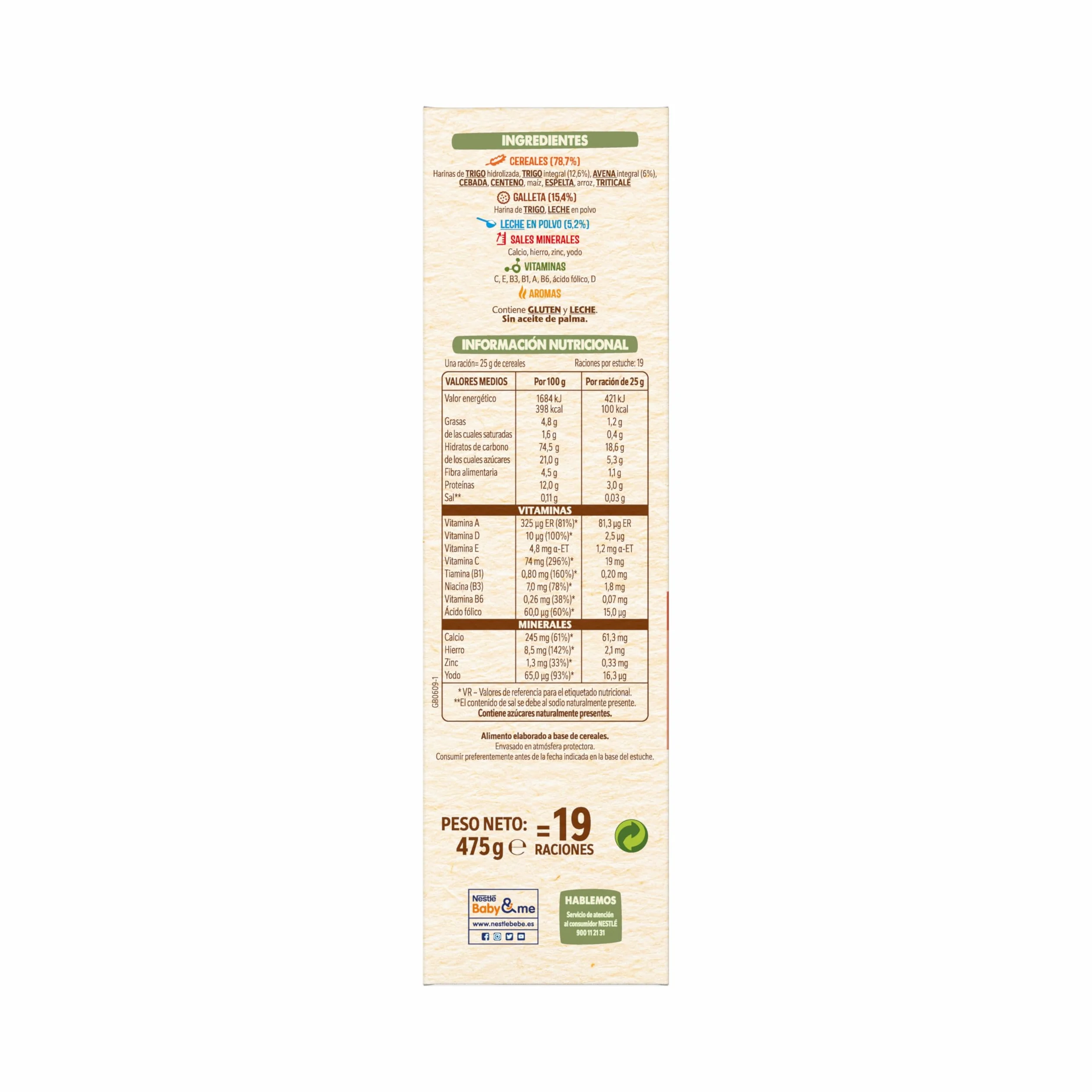 Nestlé Papilla 8 Cereales con Galleta 475 g sin azúcares añadidos a partir de 6 meses