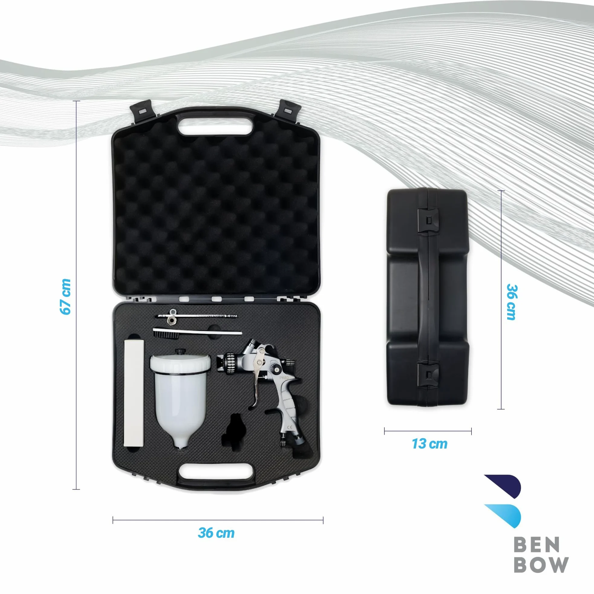 BenBow Set Pistola de Pintura PK60 HVLP 1,4 mm + 1,8 mm Boquilla + 600 ml Taza de Pintura + Maleta - Ideal para la Pintura de automóviles – Pistolas de Pintura de Aire comprimido