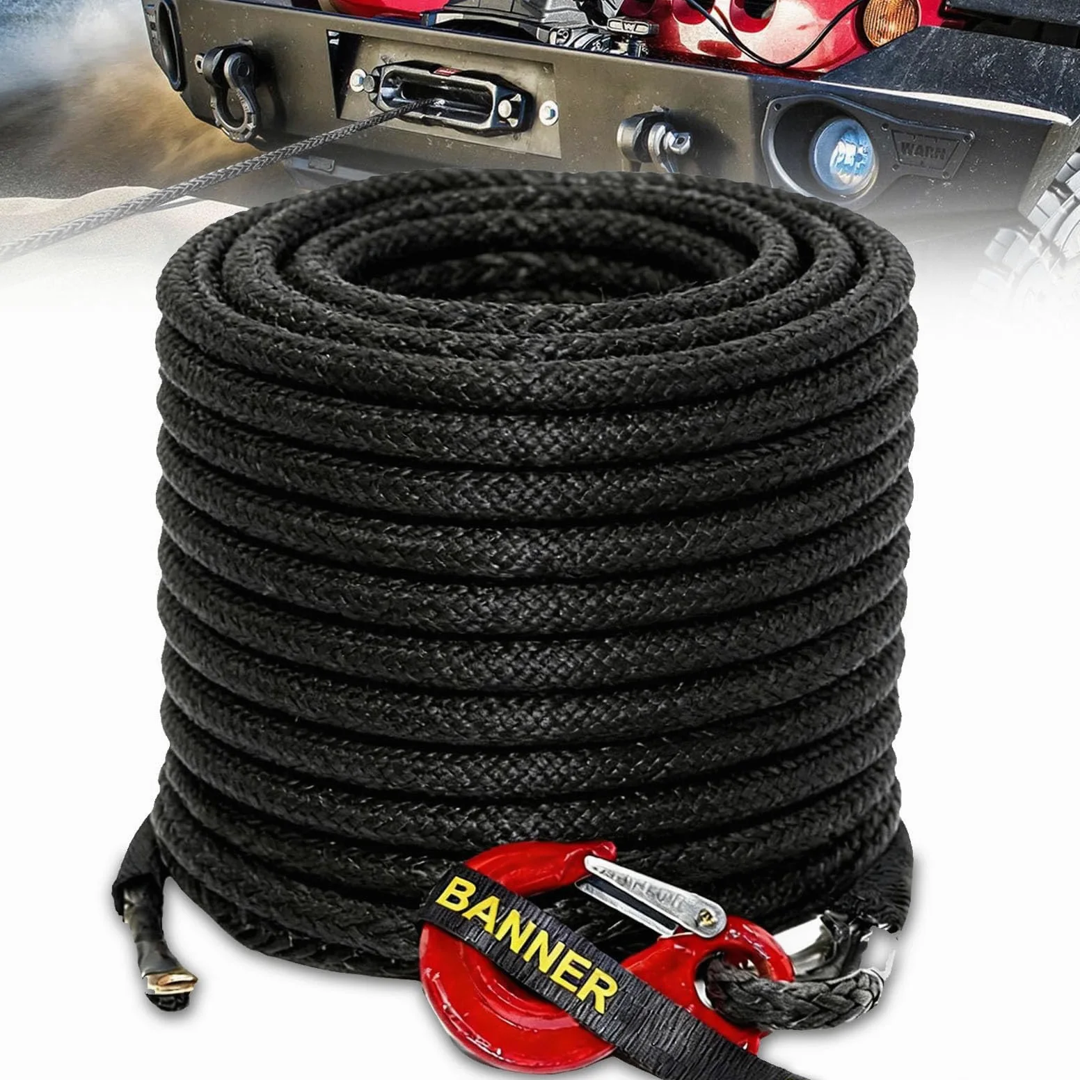 Cuerda de Remolque para Coche, Cabestrante 15m Largo 8mm Diámetro Cuerda Sintética de 12 Hilos 6000kg / 13228 Libra Cuerda de Plástico Cuerda de Remolque con Gancho Metálico para SUV ATV UTV, Negro