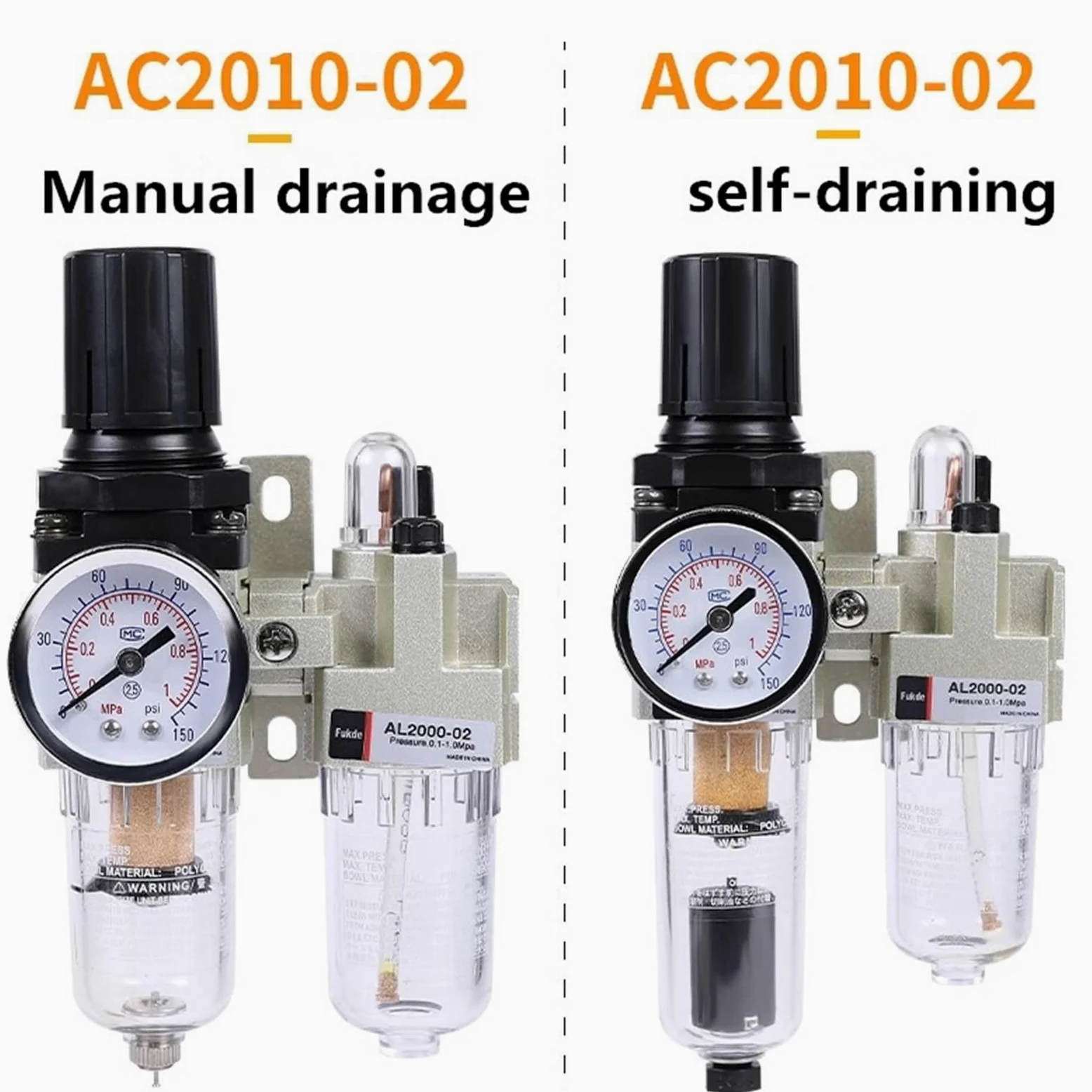 Regulador de Filtro de Aceite for compresor de Aire, Separador neumático de Aceite y Agua, de Dos Piezas, 0-1 MPa, 150 PSI, AC2010-02, Drenaje automático(Manual Drainage)