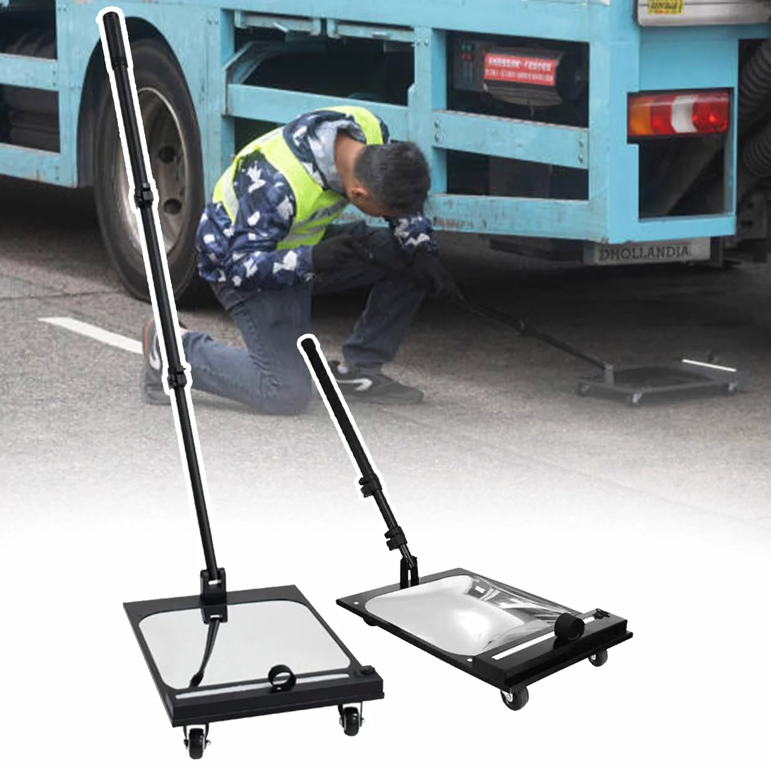 Espejo de inspección para Bajos de vehículo (Paquete de 2), de Mano, con Mango telescópico y luz, 30 cm de diámetro | Ajuste de ángulo, Espejo de inspección para Bajos de carrocería