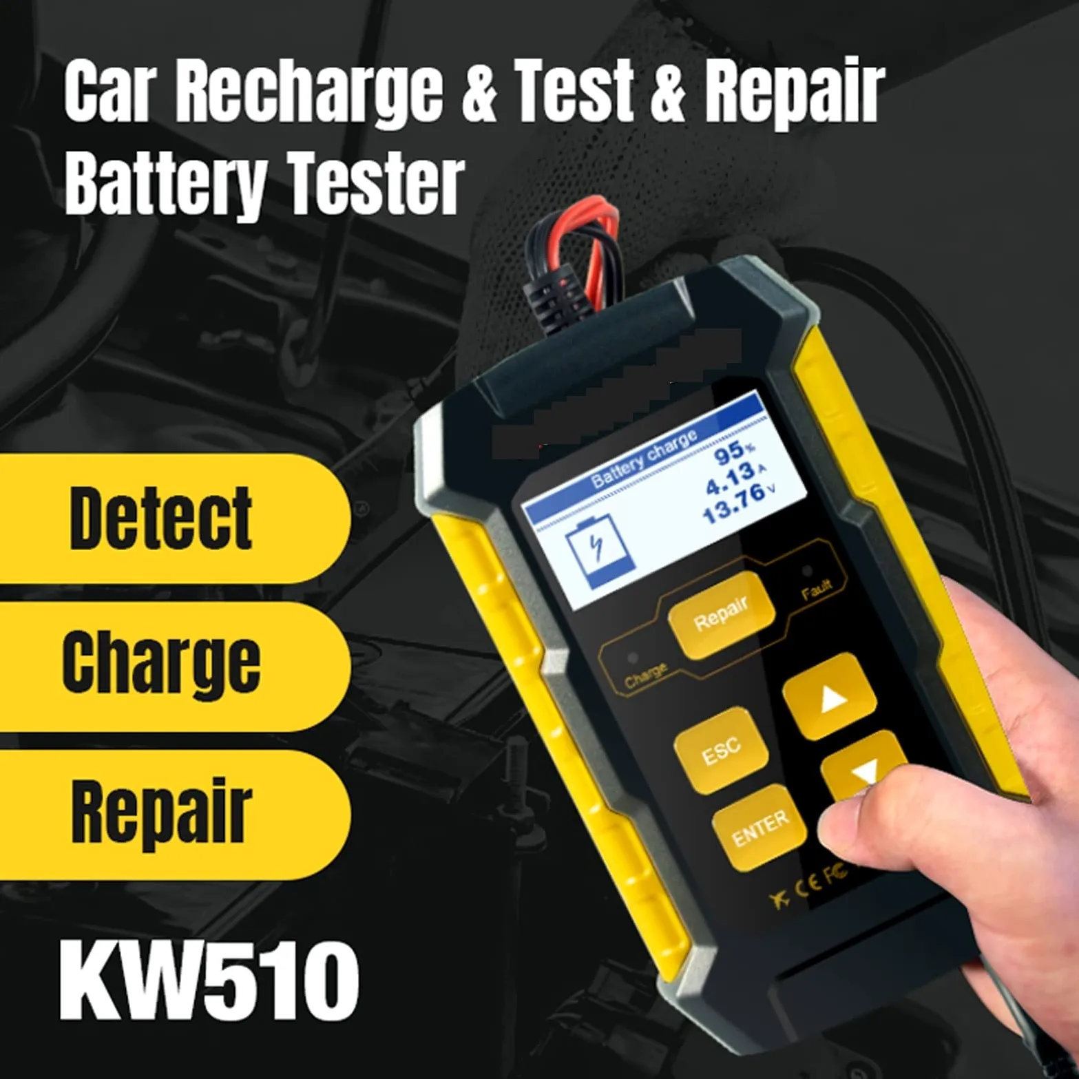 Comprobador de baterias de coche Kw510 Tester de batería de automóvil Reparación de pulsos de automóviles Cargadores de batería automotriz Herramienta de mantenimiento de dispositivos de diagnóstico a