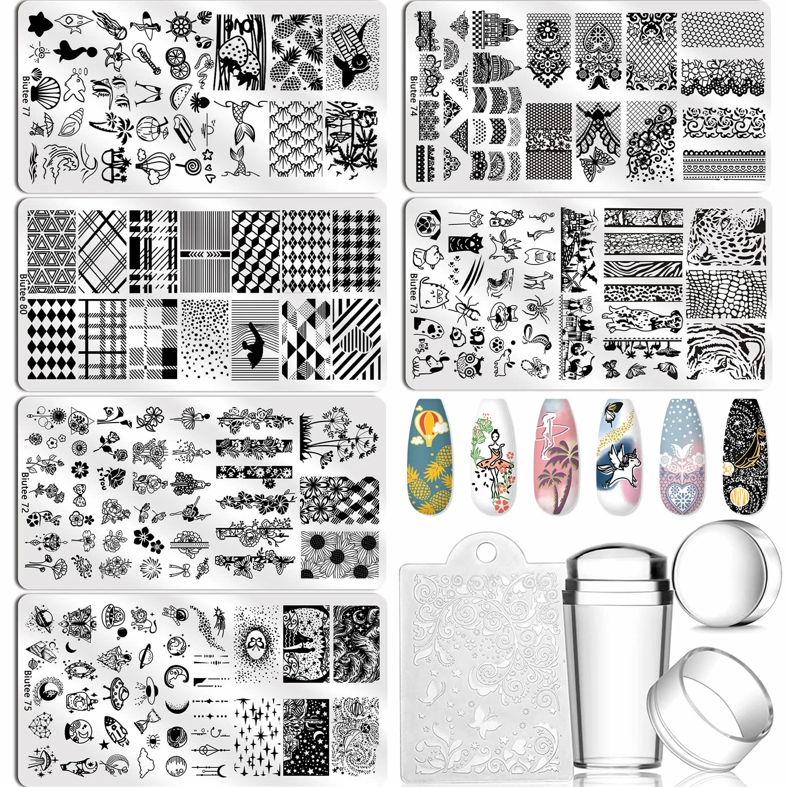 Biutee Nail Stamping Set 12pcs Plantillas Estampacion Uñas 8 Colores 8ml Gel Polish con Tampón Rascador