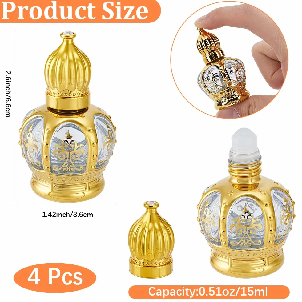 CREATCABIN 4 Unidad Frascos Roll-On 15 ml Perfume Aceite Árabe Vidrio Dorado Vacío Recargable Tapas Viajes