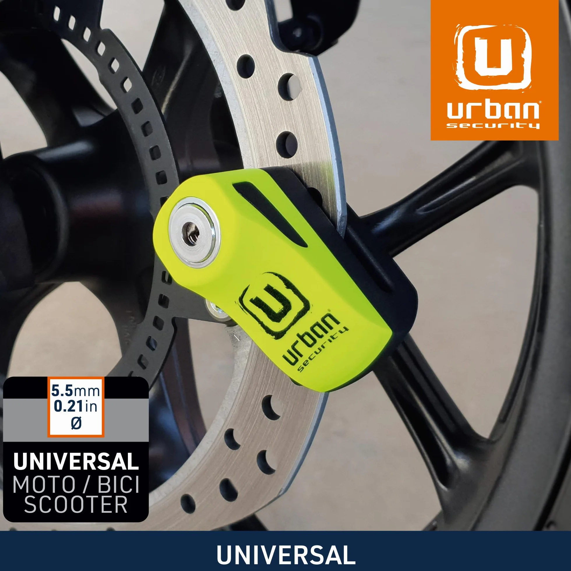 URBAN UR955Y Candado Moto Disco Universal, Seguridad Compacta y Eficaz, Más Visible Más Disuasorio, Rápido Bloqueo Click, Antirrobo Bloqueo Pinza Disco Freno Moto, Bicicleta, Patinete Electrico