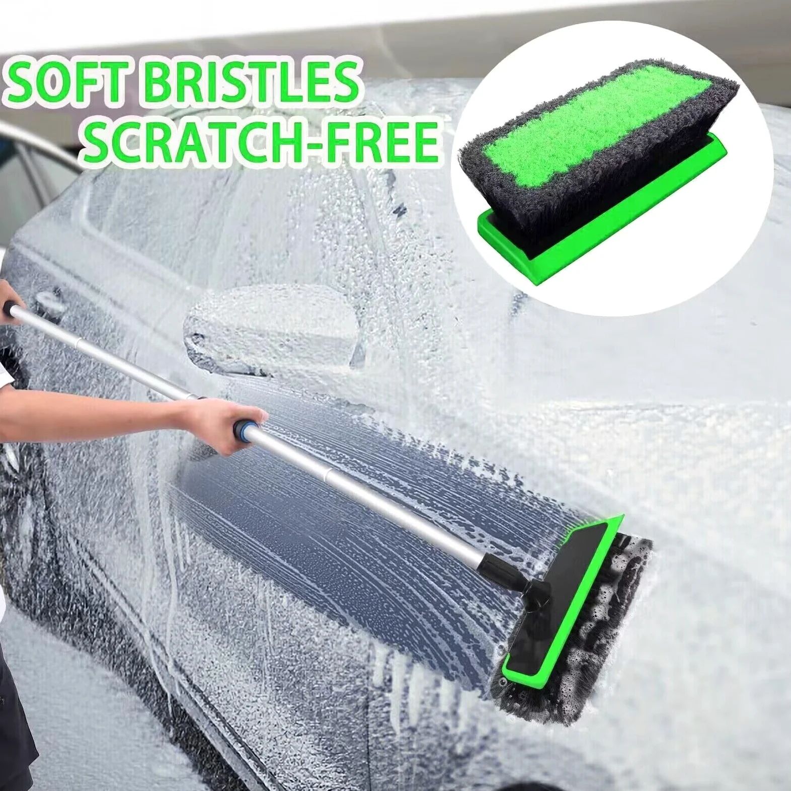 62'' Car Wash Brush with Long Handle, Scratch-Free Soft Bristles Sturdy Car Wash Mop, Complete Cleaning Brush Kit Wash Mitt Towel Windshield Squeegee Wheel Tire Brush for Car Truck RV Green