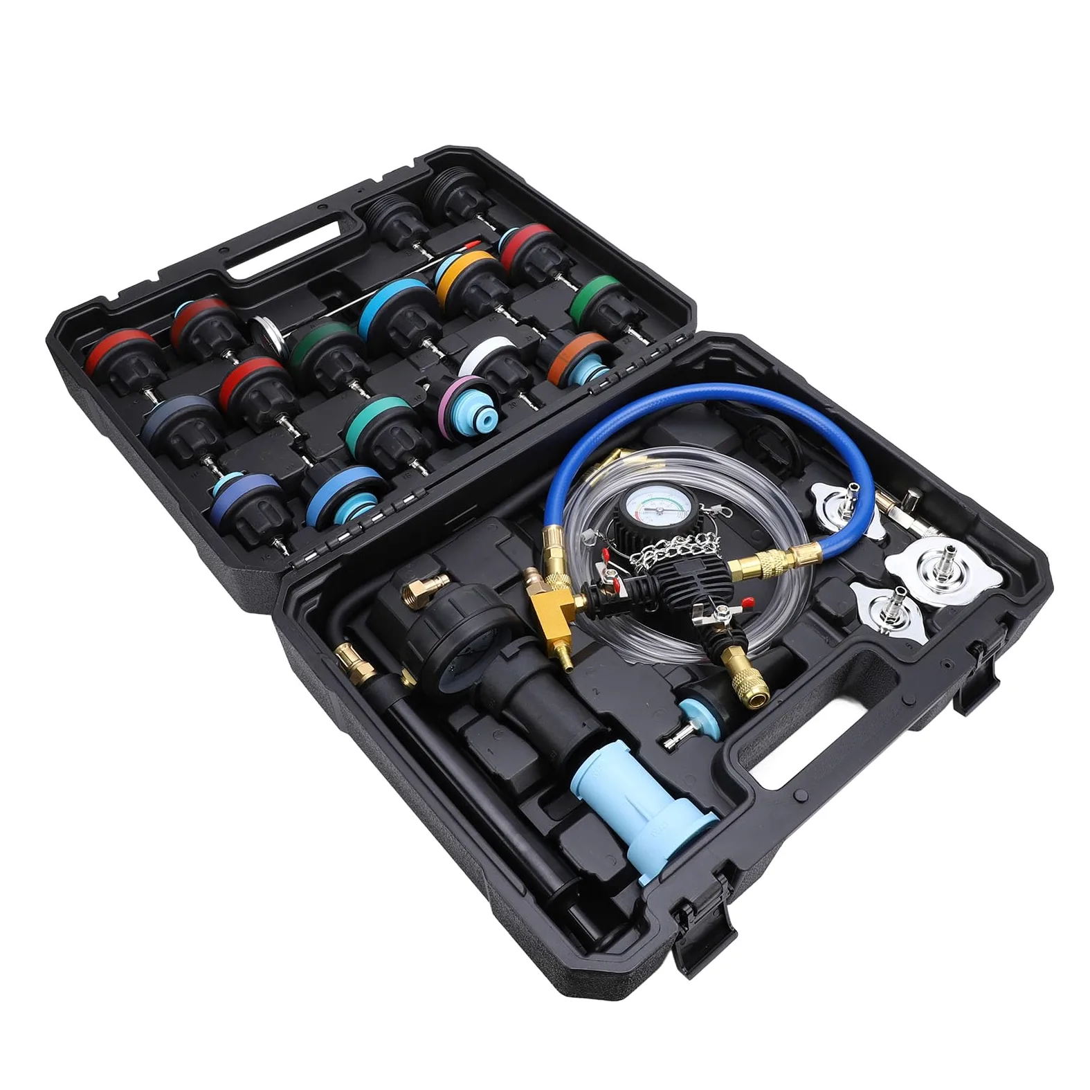 RiToEasysports Kit de Probador de Presión de Radiador, Kit de Probador de Presión de Refrigerante de Metal y ABS, 28 Piezas con Termómetro Indicador y Recambio de Vacío para Comprobación de Fugas