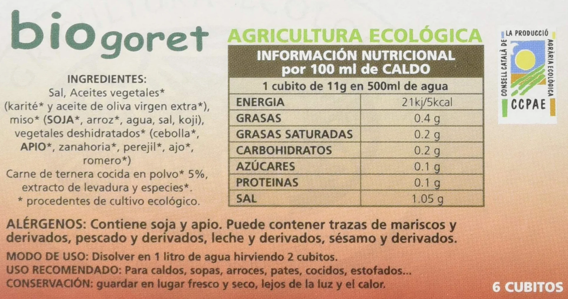 Cubitos de Caldo de Ternera con Verduras Ecológicos 6x11gr, 66 Gramo