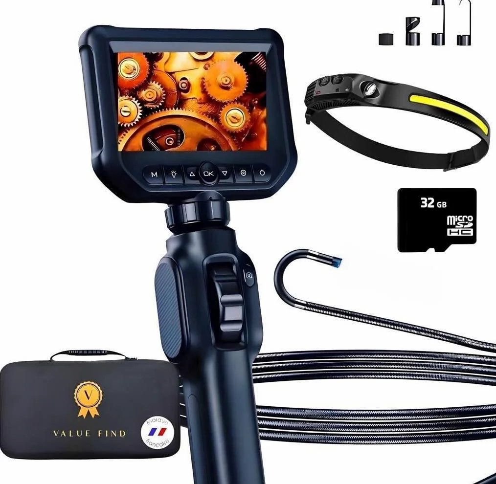 Valuefind Camara endoscopica Profesional Cabezal orientable a 360º endoscopio para inspeccion de tuberias/canalisacion mecanicos/fontaneros Cable de 1 m autofocus + lampara Frontal Manos Libres