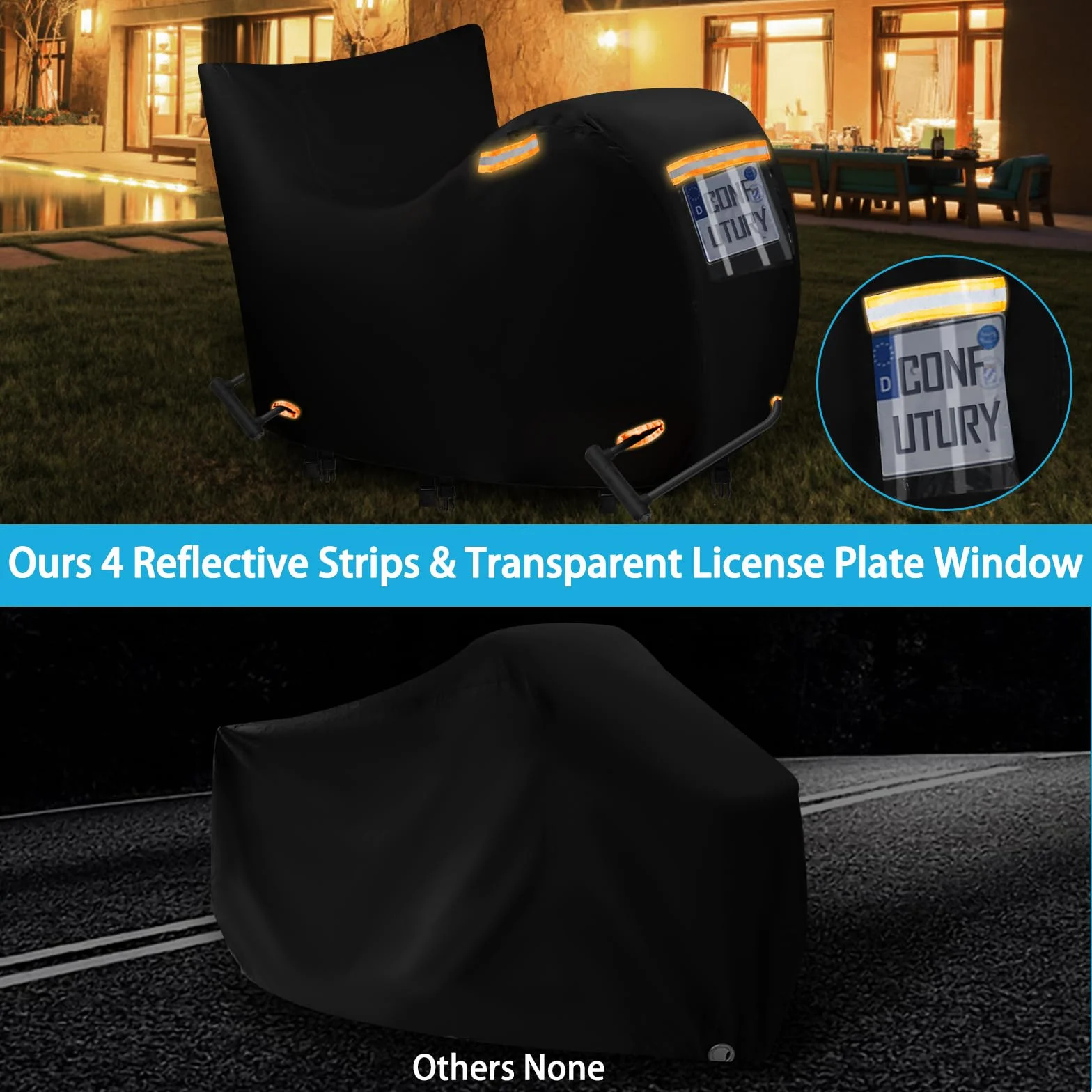 Funda Moto Impermeable Utiliza Nano Tela 600D, Funda para Moto con Ventana de MatríCula,4 Tiras Reflectantes, 3 Hebillas A Prueba de Viento,Resistente al Sol y al Polvo (M 185x85x100CM)