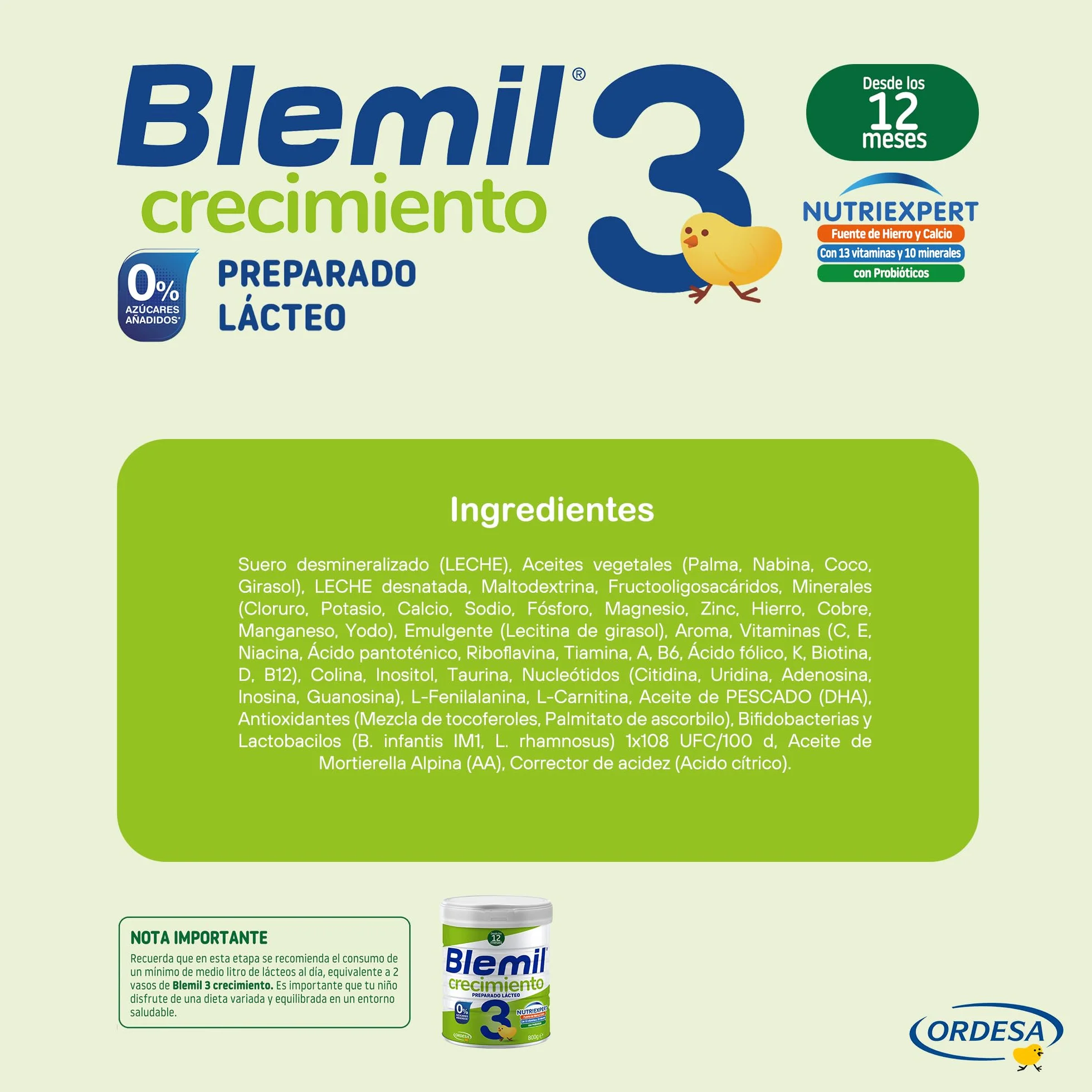 Blemil 3 Crecimiento 0% Azúcares Añadidos 800g Preparado Lácteo en polvo para Niños 1-3 Años