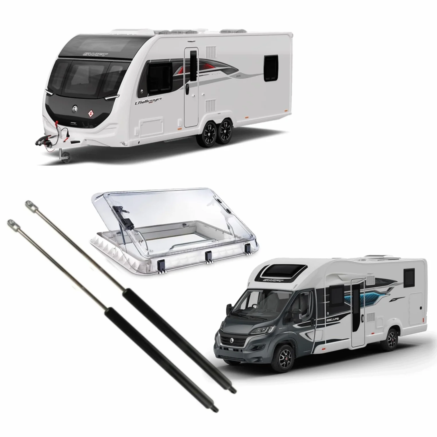 2 Resortes de Gas Compatibles con Seitz Dometic Heki 2 Skylight. Accesorios para Caravanas. (Kit de Instalación Completo.)