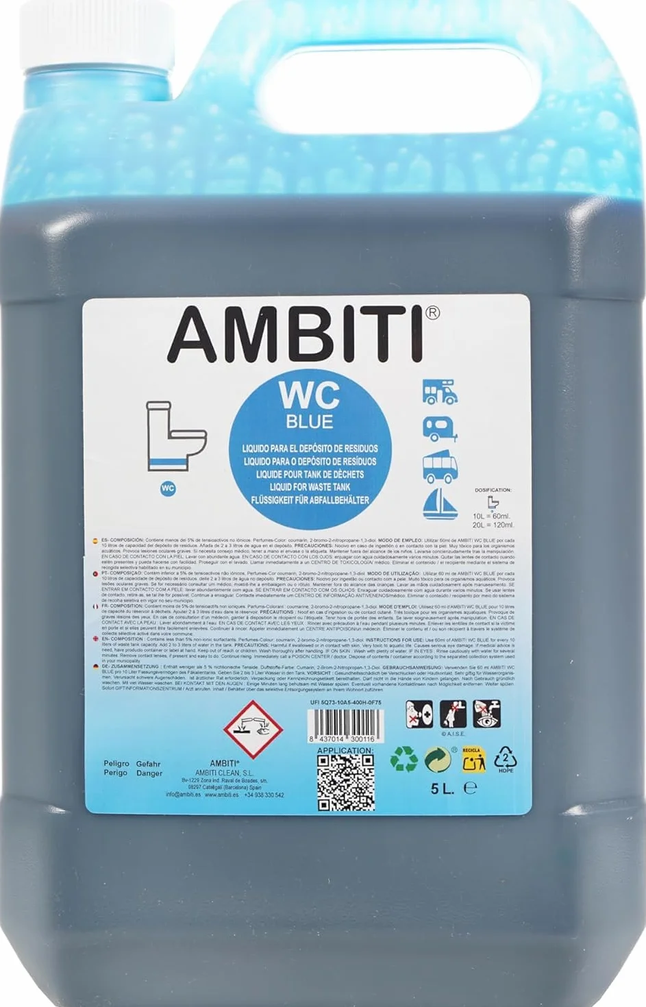 Ambiti | WC Blue | Aditivo para Depósito de Residuos Aguas Negras | Inodoros Portátiles de Autocaravanas, Caravanas y Barcos | Elimina Olores, residuos y Desinfecta | Fragancia Piña Colada (5L)