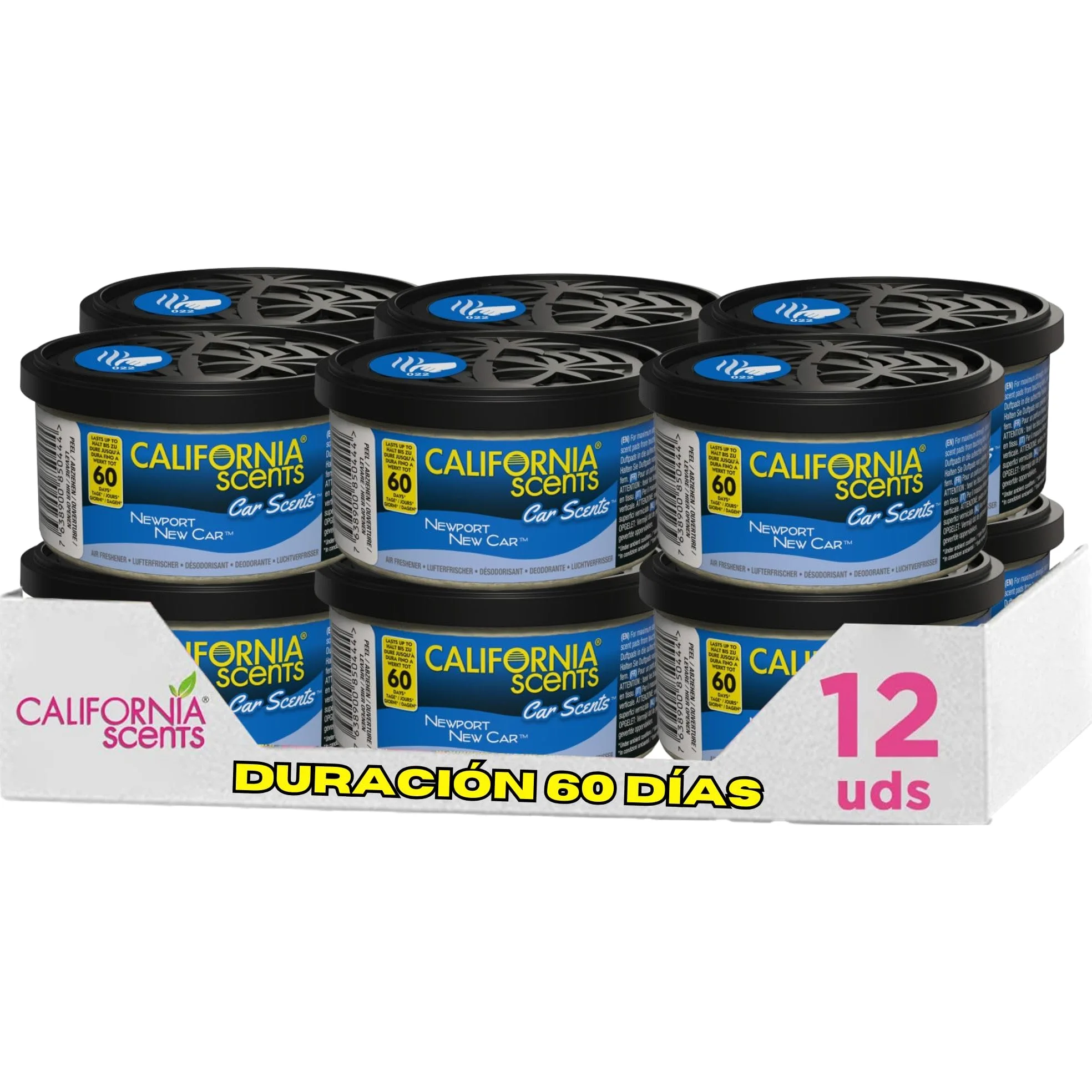 California Scents Ambientador de Coche con Fragancia, Olor y Esencias a Newport New Car, Olor a Aroma de Coche Nuevo, Pack de 12 Latas, 1 Unidad (Paquete de 12)