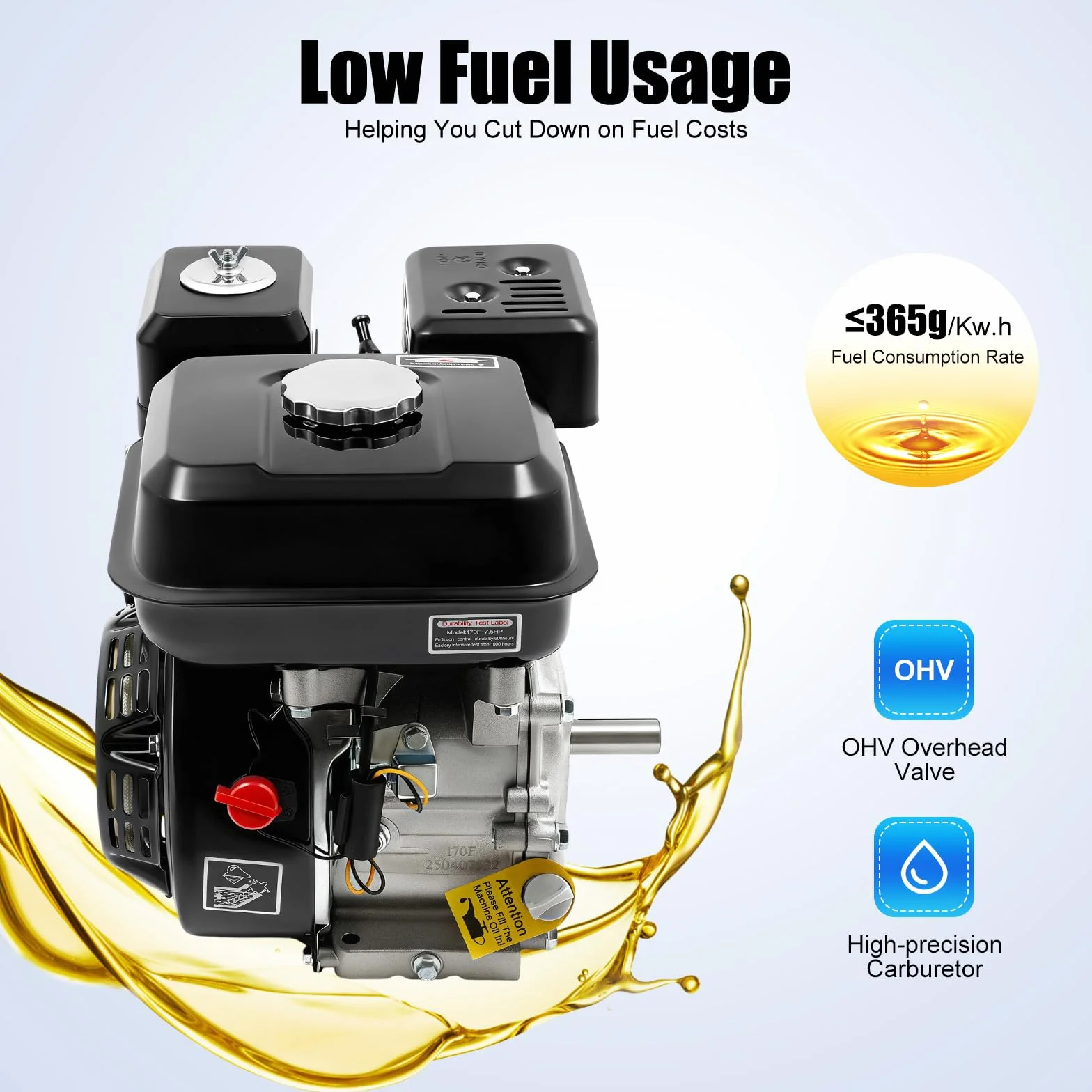 Motor de gasolina OHV de 4 tiempos de 212 cc, 7,5 CV/4,0 kW, con depósito de 3,6 L, arranque manual para cortacésped, bomba de agua, generador de Gokart