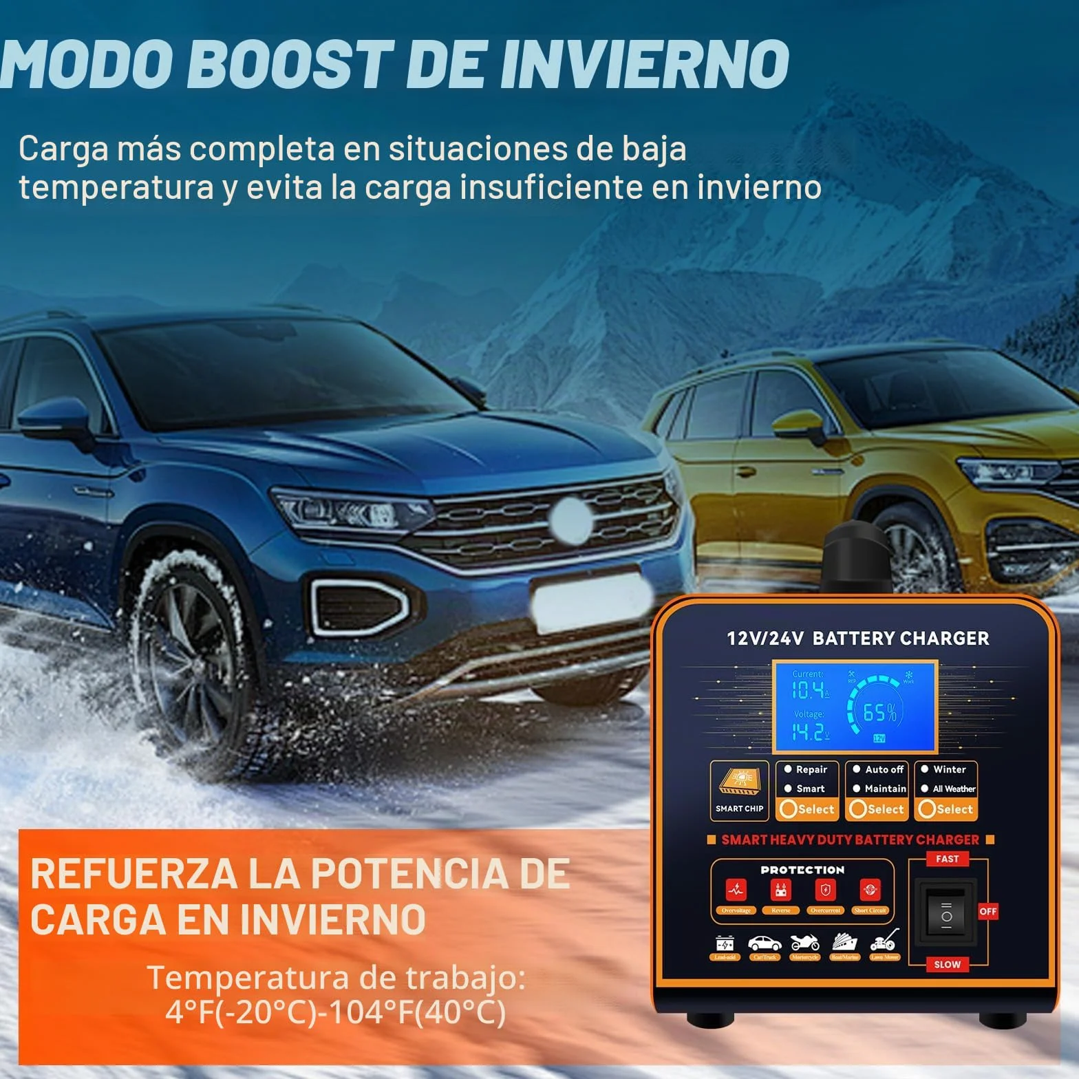 20A Cargador de Baterías Metal 12V/24V Profesional Mantenedor Automático, Cargador Inteligente con Apagado Automático, Reparación, Modo Invierno para Coche Camión Moto (Plomo, AGM, Gel, etc)
