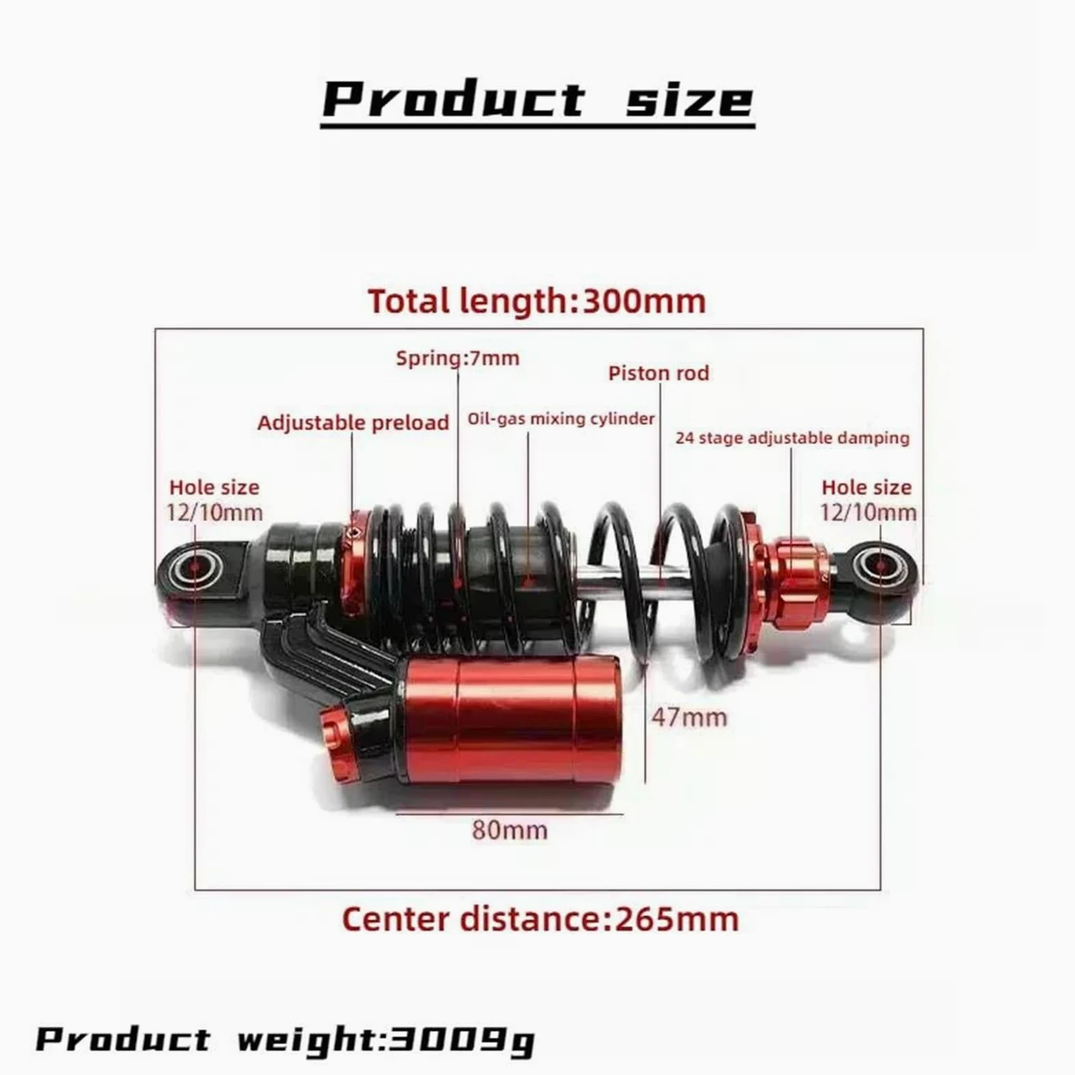 Amortiguadores Amortiguador Trasero Universal Para Motocicleta Amortiguadores Oleoneumáticos Ajustables De 265 Mm(Rojo)