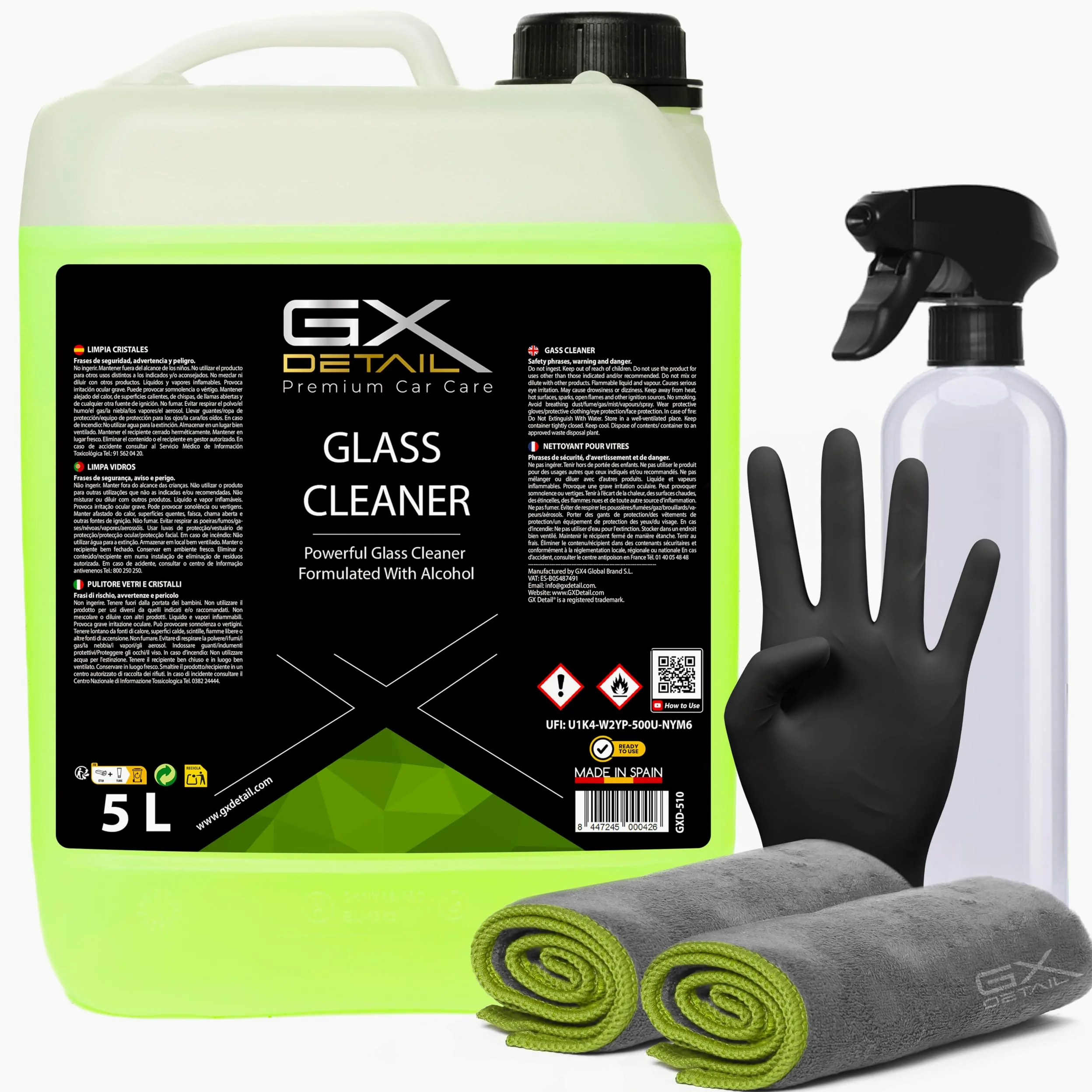 Limpiacristales Coche 5 Litros - Glass Cleaner - Incluye Guantes de Nitrilo y 2 Microfibras - Triple Acción